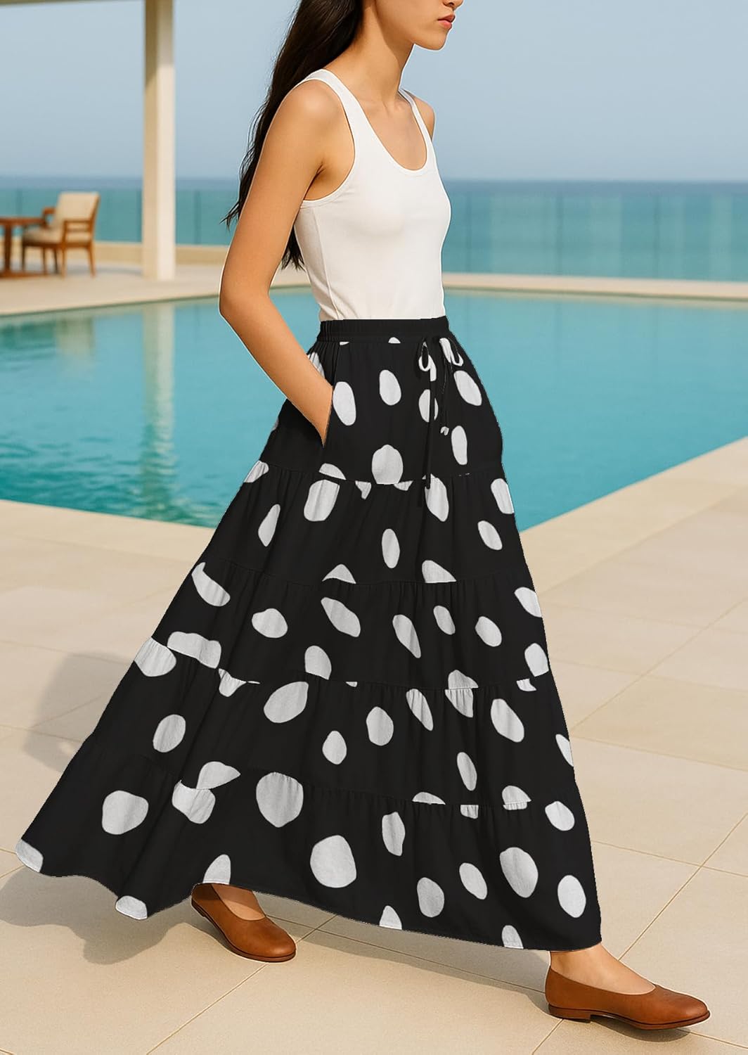 Moomaya Women’s Cotton Resort Skirt with Pockets | Tiered Maxi Summer Skirt | 40-Inch Vacation Wear | Flowy Vacation Outfit