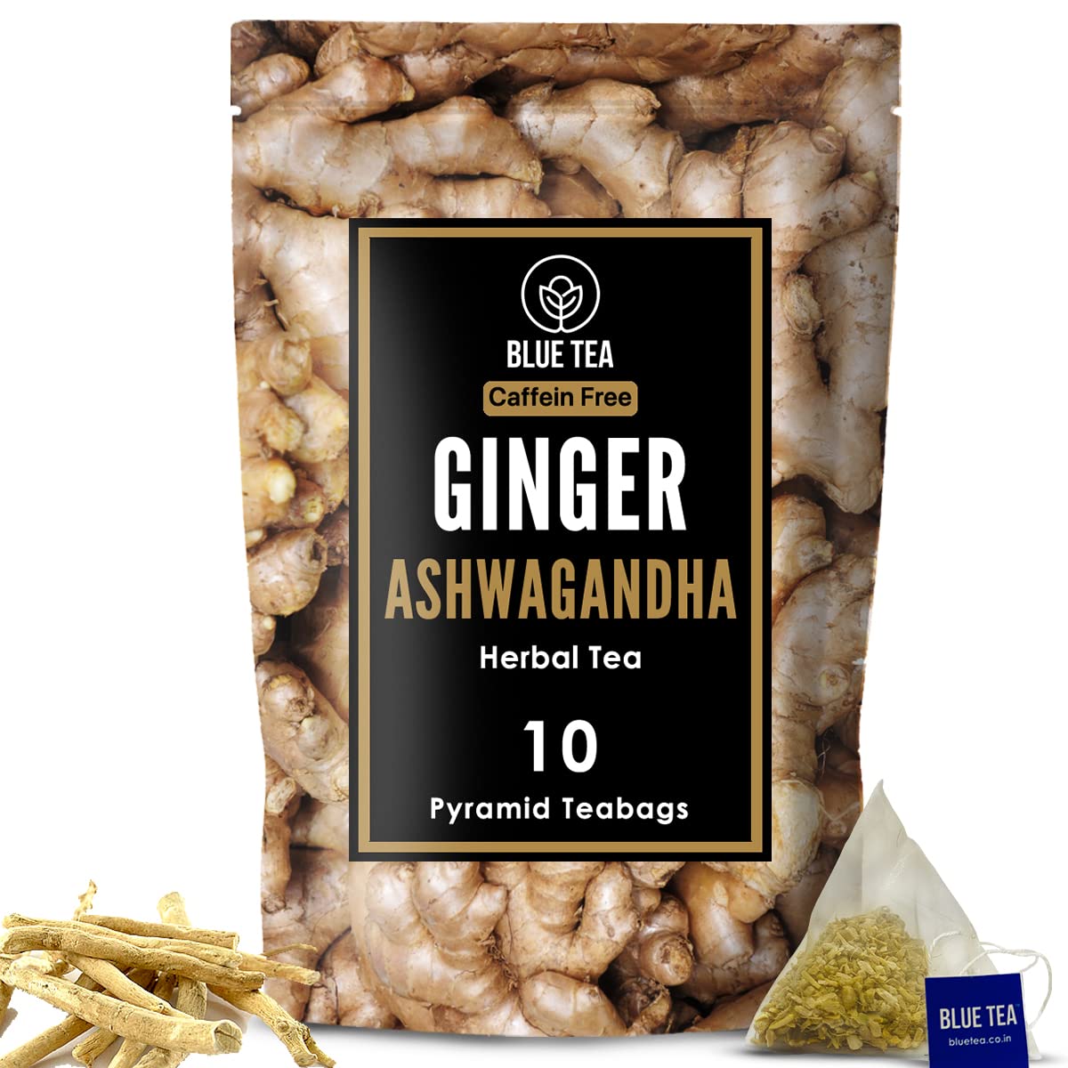 Ginger Ashwagandha Tea Bags - 10 Biodegradable Tea Bags | Blend Of Indian Ginger And Himalayan Ashwagandha | Caffeine Free Herbal Tea, Eco-sustainable Packaging