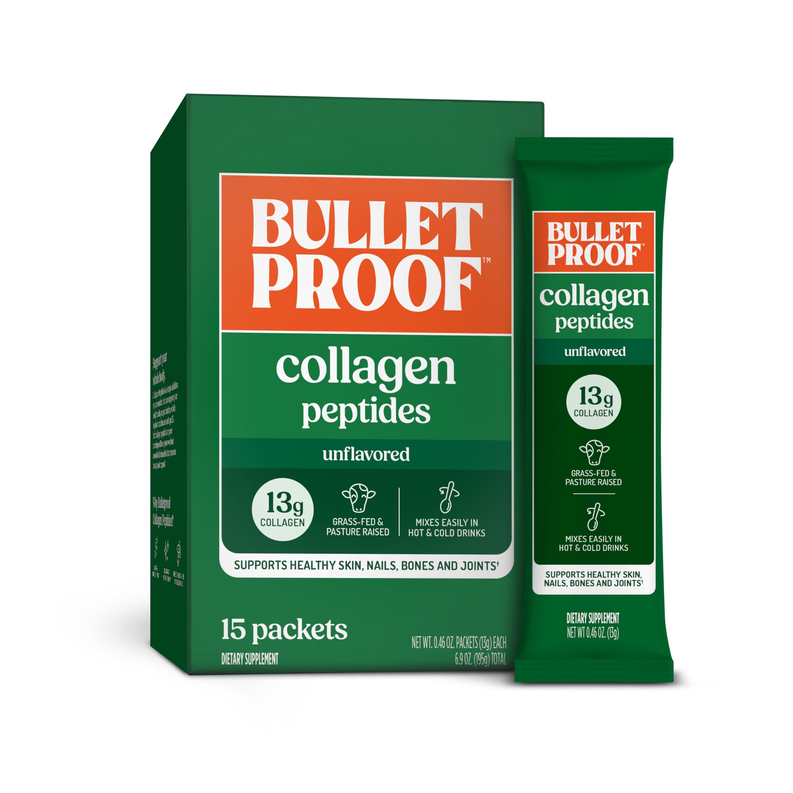 Bulletproof Unflavored Collagen Peptide Powder Packets, Pack of 15, Grass-Fed Collagen Peptides and Amino Acids for Healthy Skin, Bones and Joints