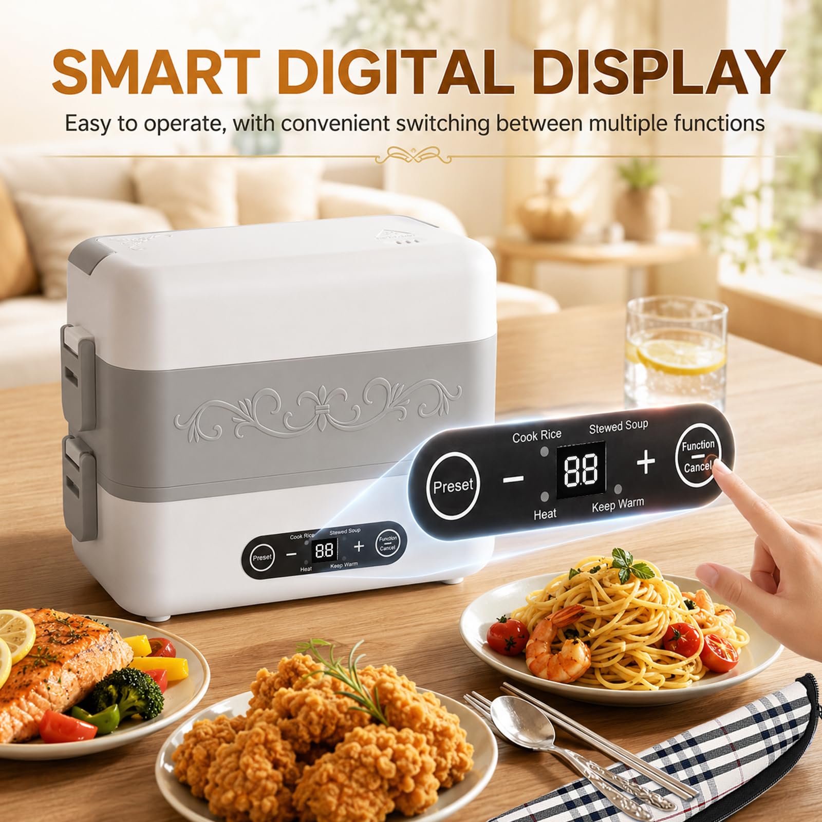 Fiambrera Eléctrica Comida 350W, 1.6L Tartera Comida Trabajo 2 Niveles | Calentador para Circulación de Vapor con Timer, Lonchera Térmica Fácil de Limpiar, para Oficina Casa, Incluye Cubiertos