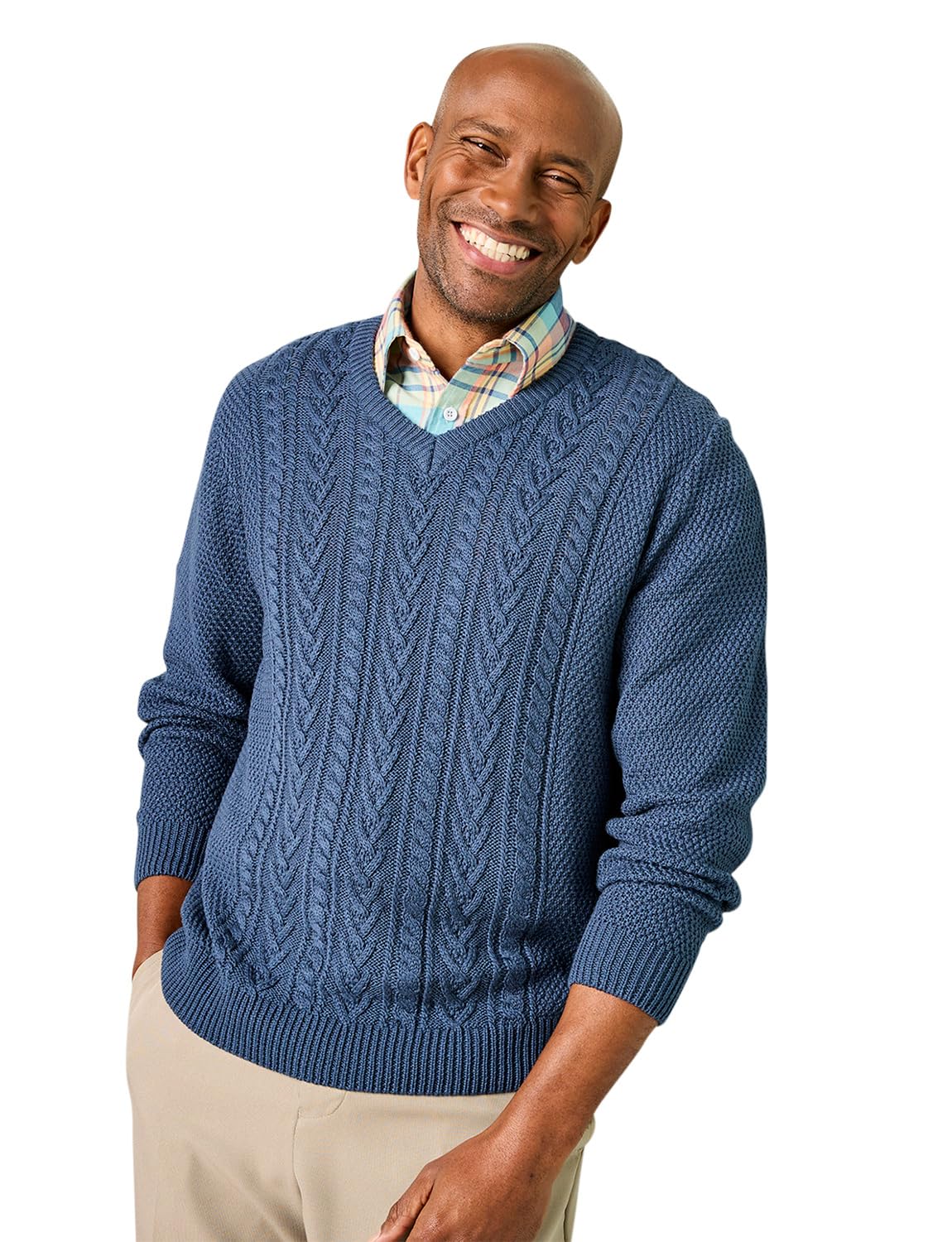 Tootal Men's Long Sleeve Chunky Cable Knit V Neck Jumper, Soft Cotton Blend Denim S