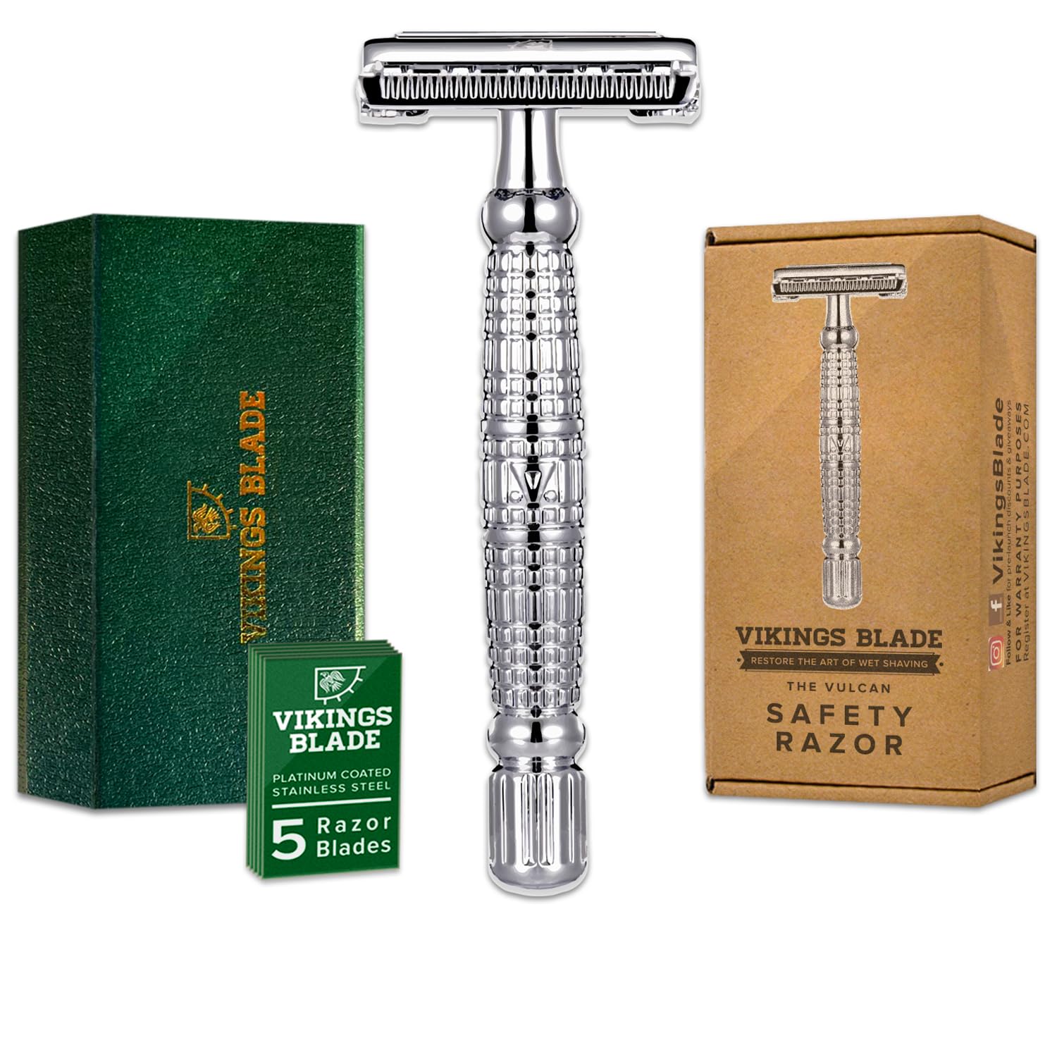 VIKINGS BLADE Double Edge Safety Razor for Men + 5 Swedish Steel Blades + Luxury Case. Long Handle. Smooth, Reusable, Eco-Friendly (The Vulcan) Chromium Silver