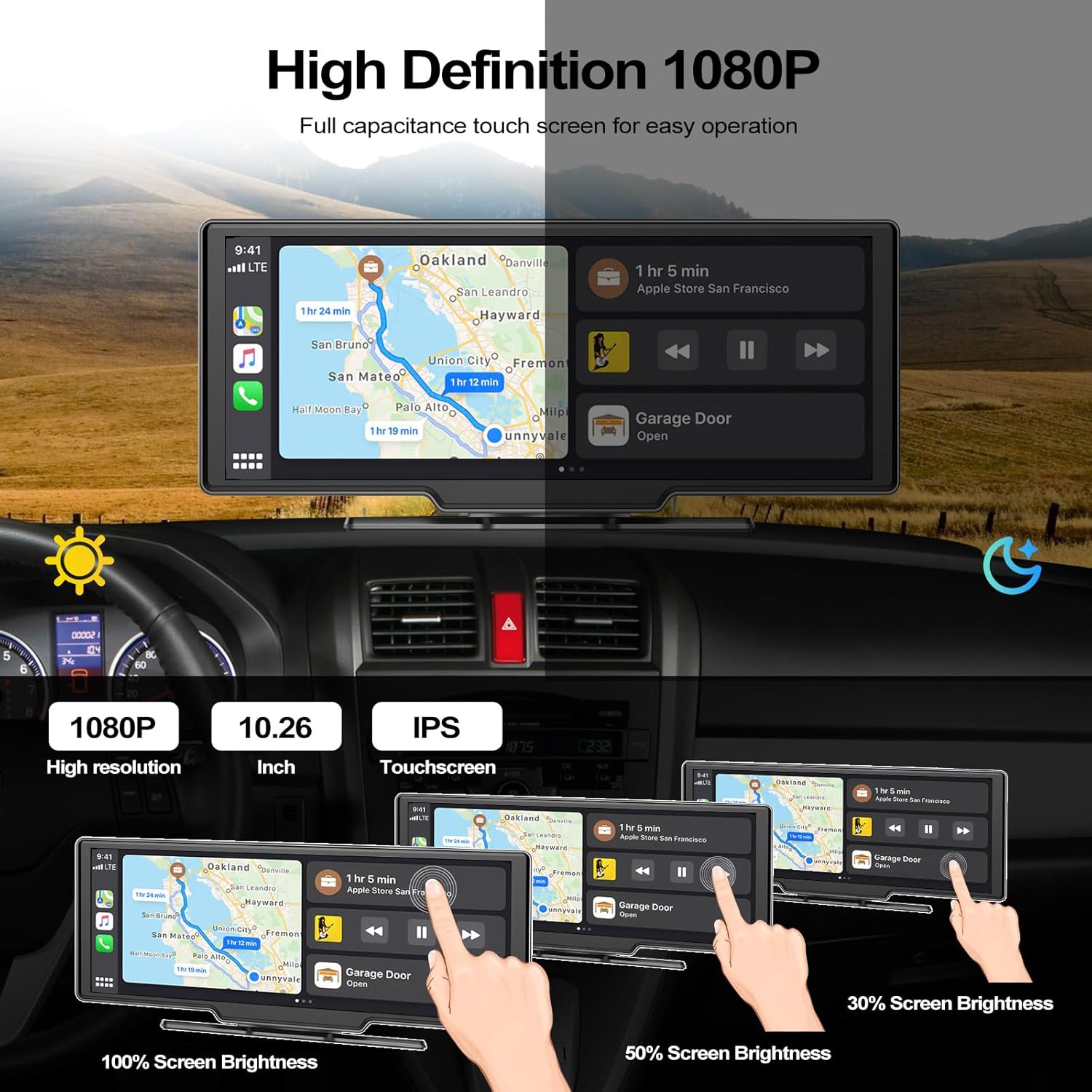 Diagram showing built-in speaker, AUX connection, and FM transmit function on the car stereo