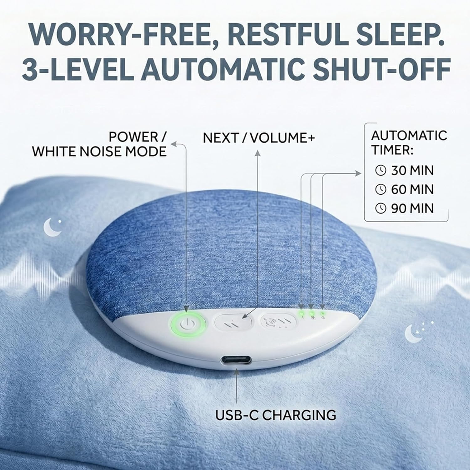 DreamWave Pillow Speaker, Mini Sleep Companion, 48-Hour Ultra-Long Battery Life, Stereo Bass - Blue (1 pc) thumbnail