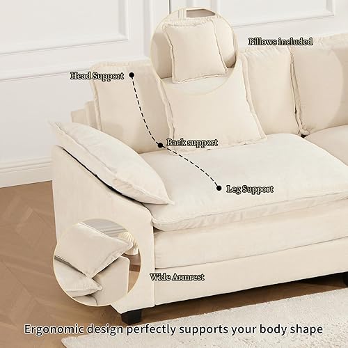 Miniatura 5 de Sofá seccional modular beige de 117.3", sofás seccionales grandes de 3 plazas para sala de estar, sofá nube oversized de tela chenille con otomana,