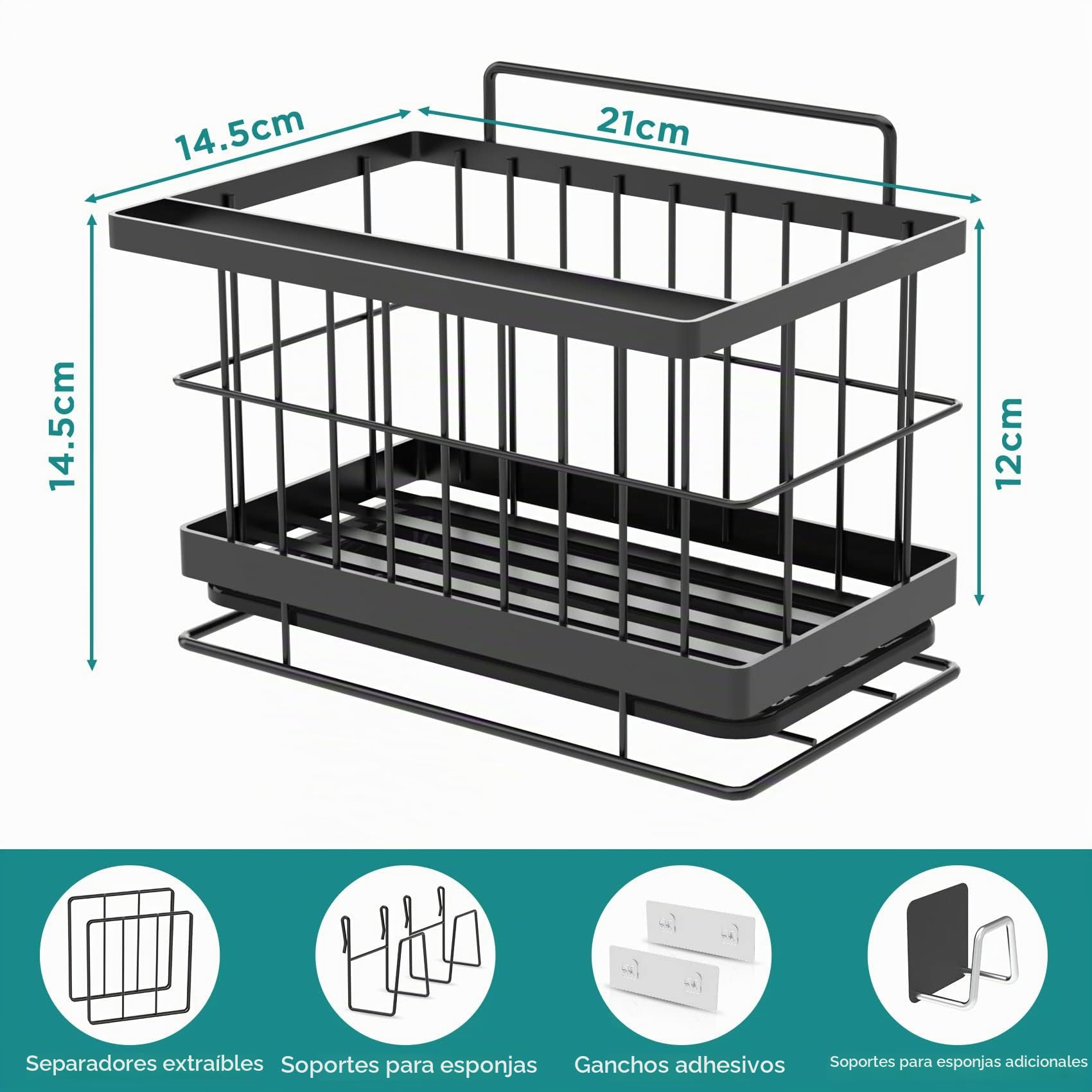 Yoassi Organizador de Fregadero Cocina, Sink Caddy de Acero Inoxidable, con Bandeja de Goteo, Soporte de Utensilios, Esponja, Estropajo, Negro (Negro)