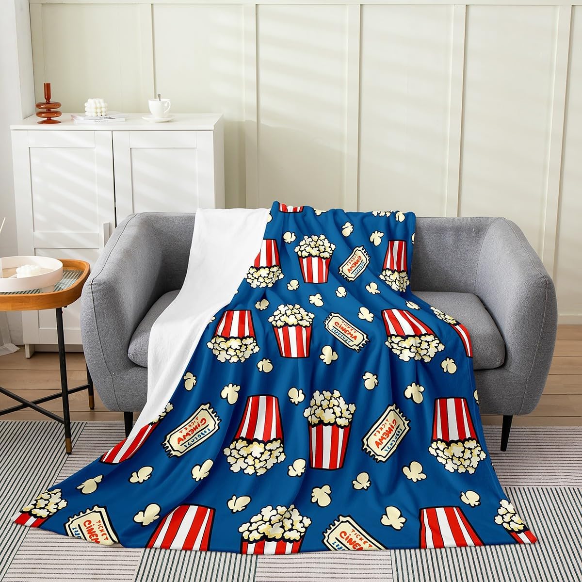 Feelyou Popcorn All Season,Bed Blanket Cinema Poster Plush Throw Blanket, for Kids Boys Girls Teens Decor Movie Theater Food Flannel Fleece Blanket Old Fashion Home Decor Blue Queen 90"x90"