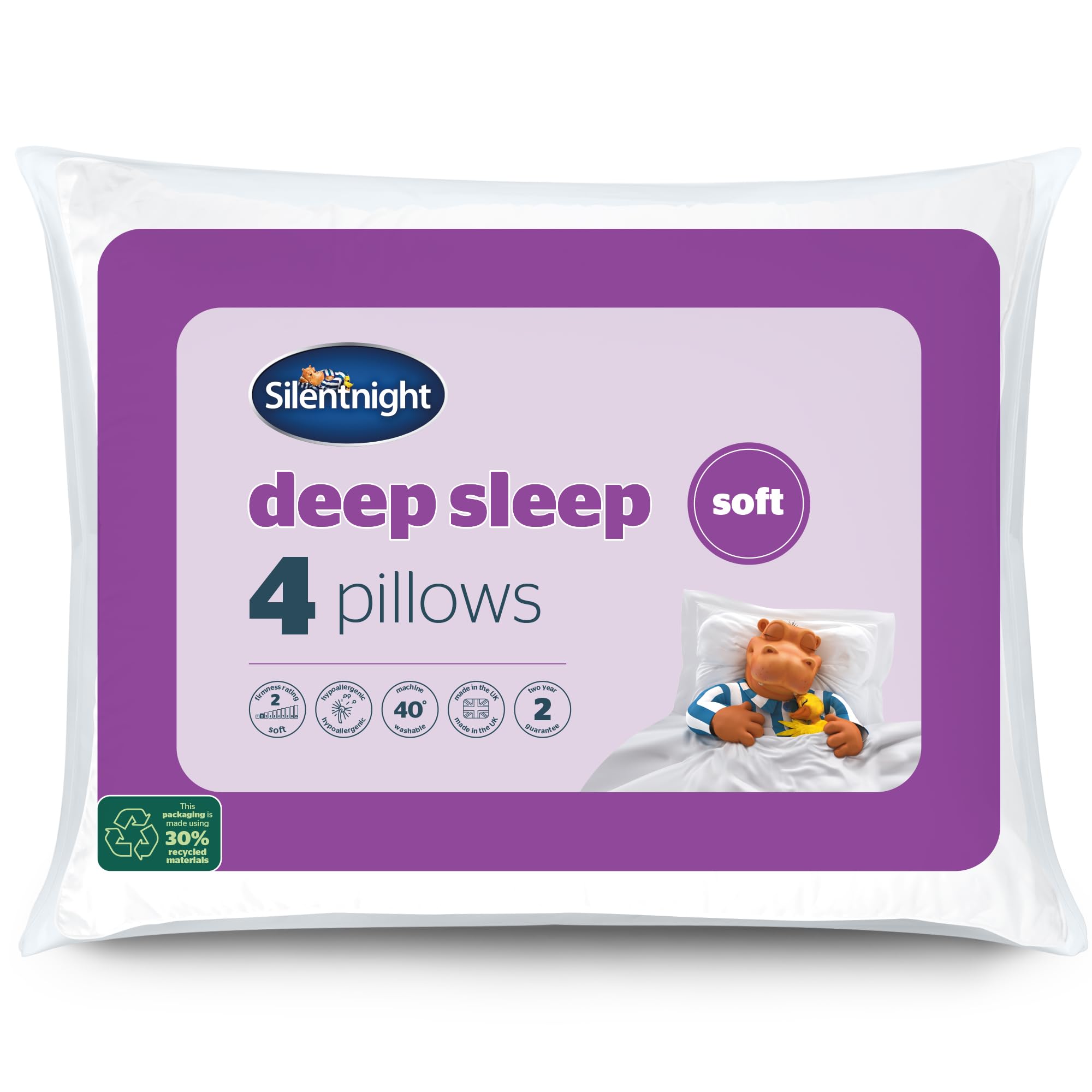 Silentnight Soft Deep Sleep Pillows 4 Pack | Soft Support Pillows Designed for Stomach Front Sleepers Hypoallergenic and Machine Washable | Pack of 4