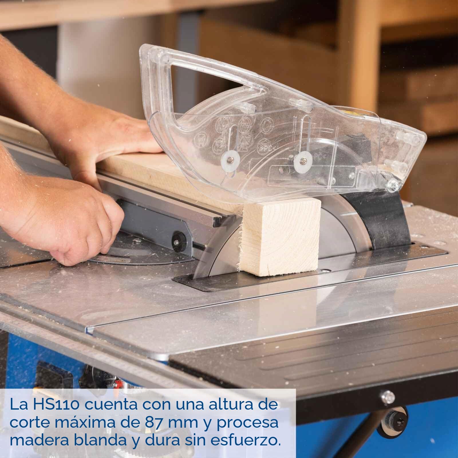 Sierra de mesa HS110 Scheppach - 230V 50Hz 2000W marca CEVIK | Altura de corte hasta 87 mm. Incluye protector de cuchilla, guía de esquina y guía paralela
