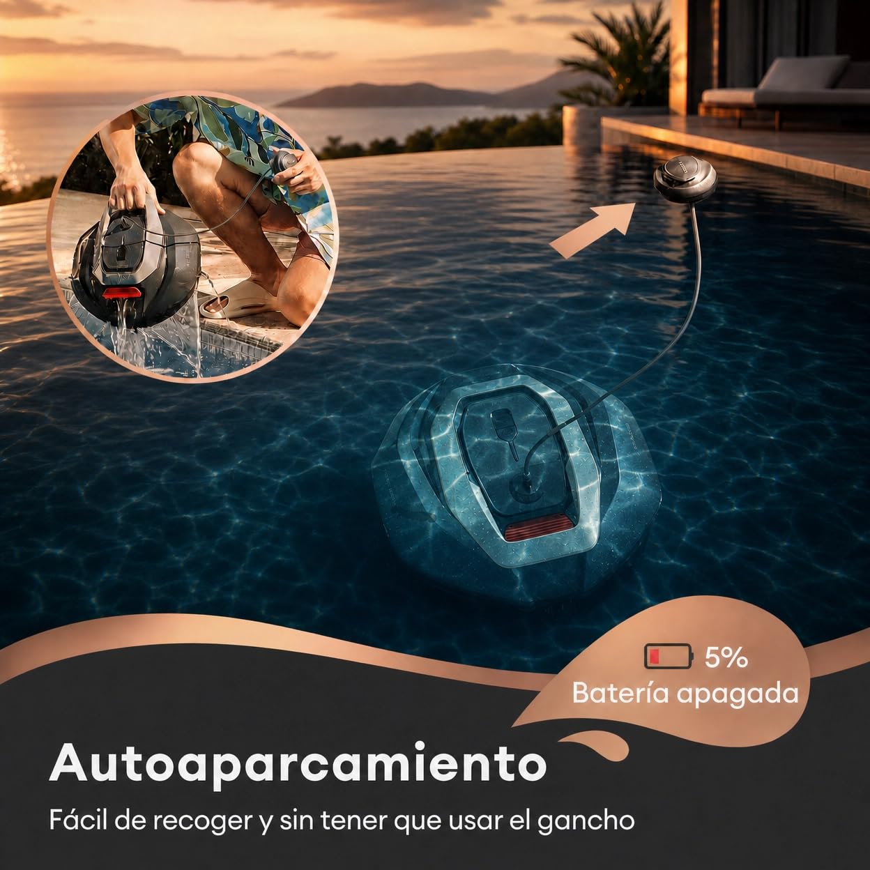Robot Limpiafondos Piscina Inalámbrico con Flotador, Recogida sin Poste, 2 Motores, 90Min, 80m², Autoaparcamiento Inteligente, Diseño Biónico, Fácil de Usar para Piscina Elevada y Enterrada