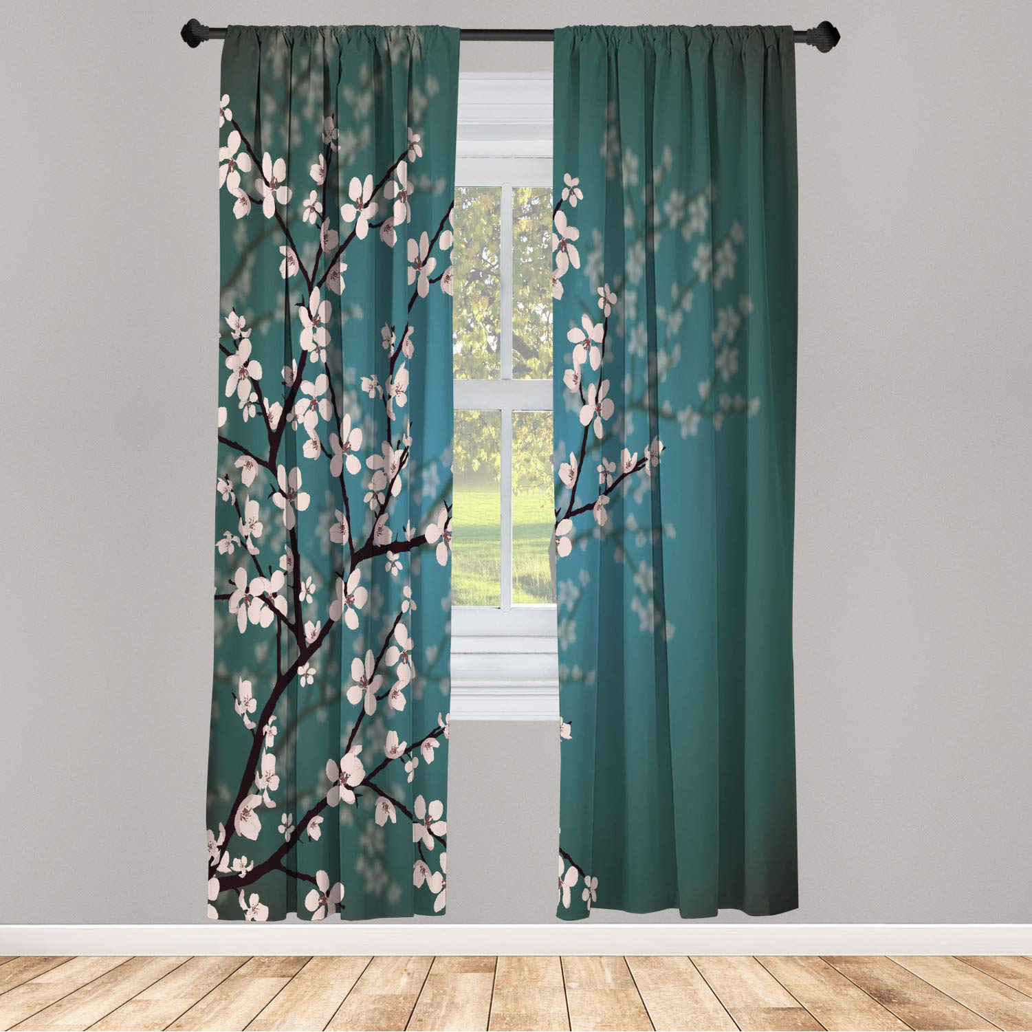 Ambesonne Japanese Window Curtains, Spring Season Sakura Bloom Design Romantic Cherry Blossom on Blurry Branches, Lightweight Decorative 2-Panel Set &