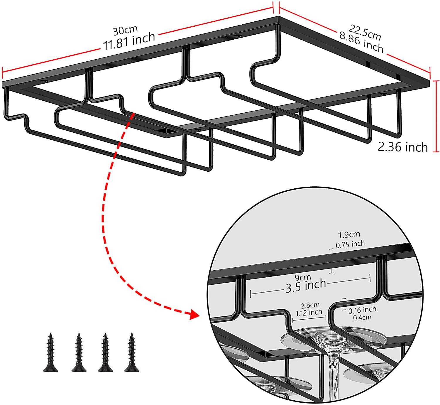 Porta Bicchieri da Vino Supporto per Calici in Metallo per Bar e Cucina Gancio Sottopensile Organizer in Acciaio Inox Scaffale di Stoccaggio (Black, 3 Rows 1 Pack)