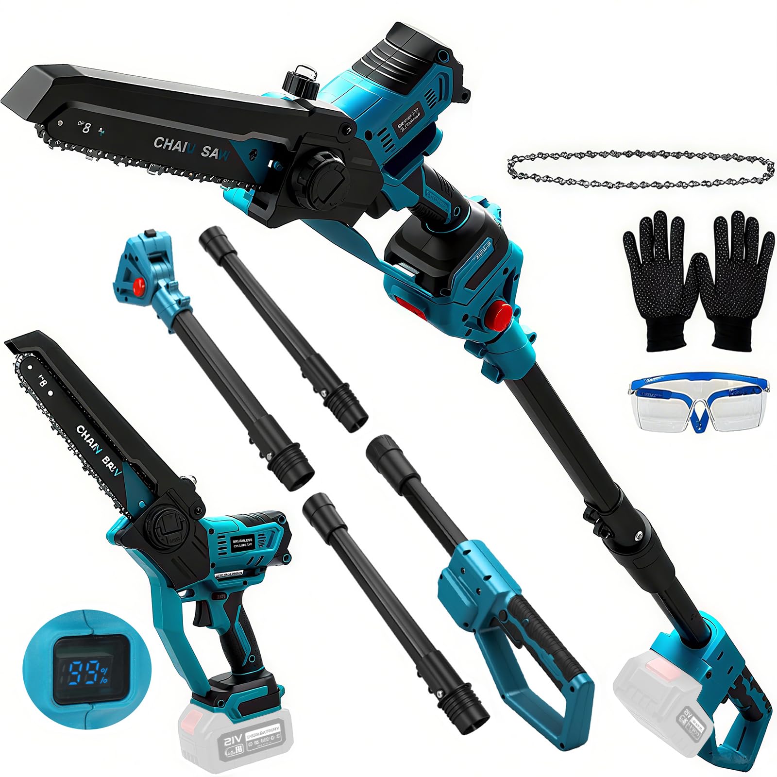 Sierra de cadena telescópica de 8 pulgadas compatible con Makita 18 V, sierra de rama profesional con barra de extensión, altura de trabajo de hasta 4,5 m (longitud de barra de 2,5 m), ideal para
