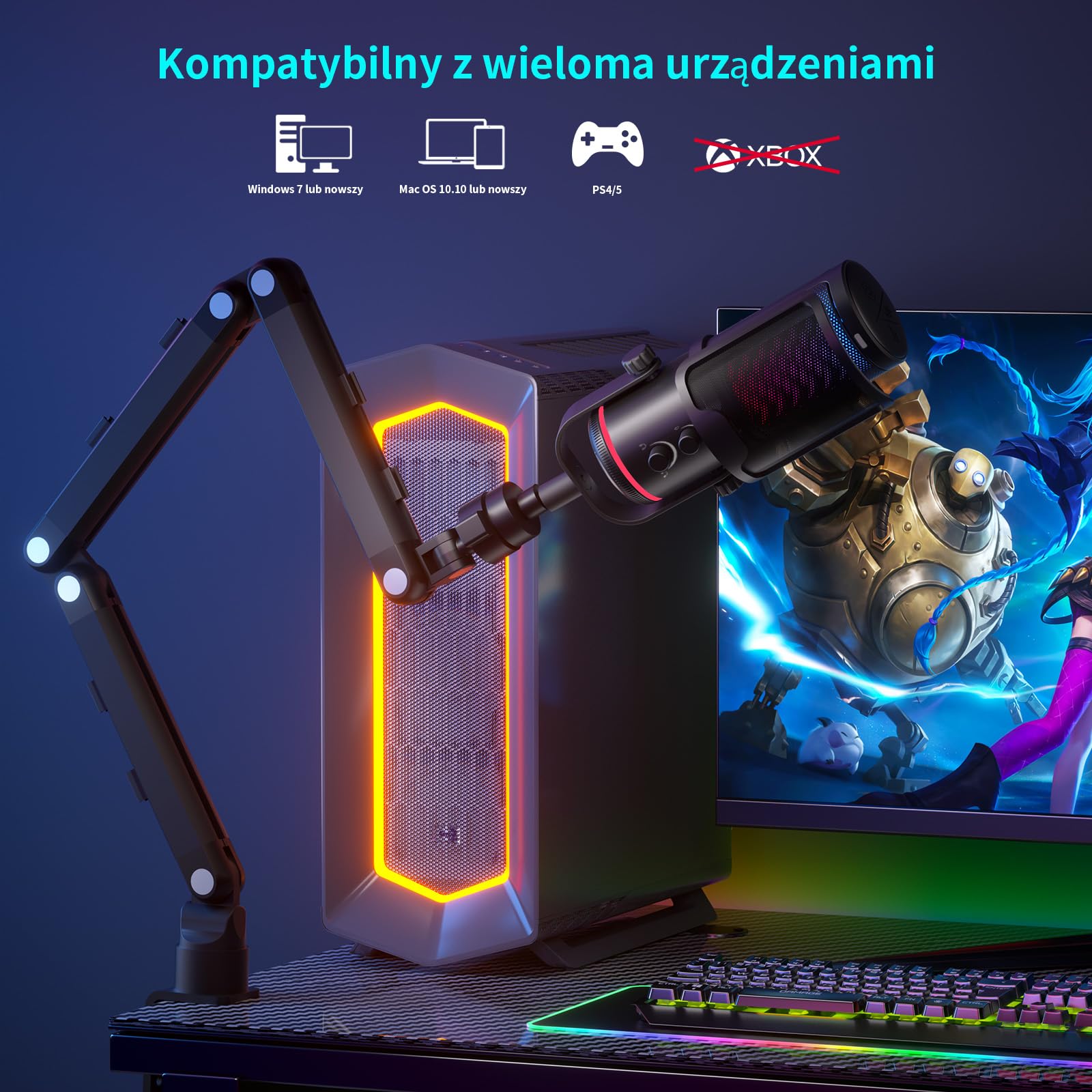K KASONIC Mikrofon RGB do Gier z Wysięgnikiem, Mikrofon Pojemnościowy do Domowego Studia dla PC, Mikrofon USB 24bit 192kHz do Nagrywania Podcastów, Zestaw Mikrofonowy do Streamingu