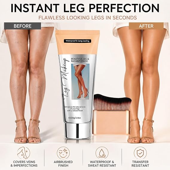 Medium Leg Makeup With Brush,Instant Coverage Tanning Lotion for Legs Veins Cover up Makeup for Varicose Imperfections,Transfer Resistant for Smooth Airbrushed-Looking Legs,100ML