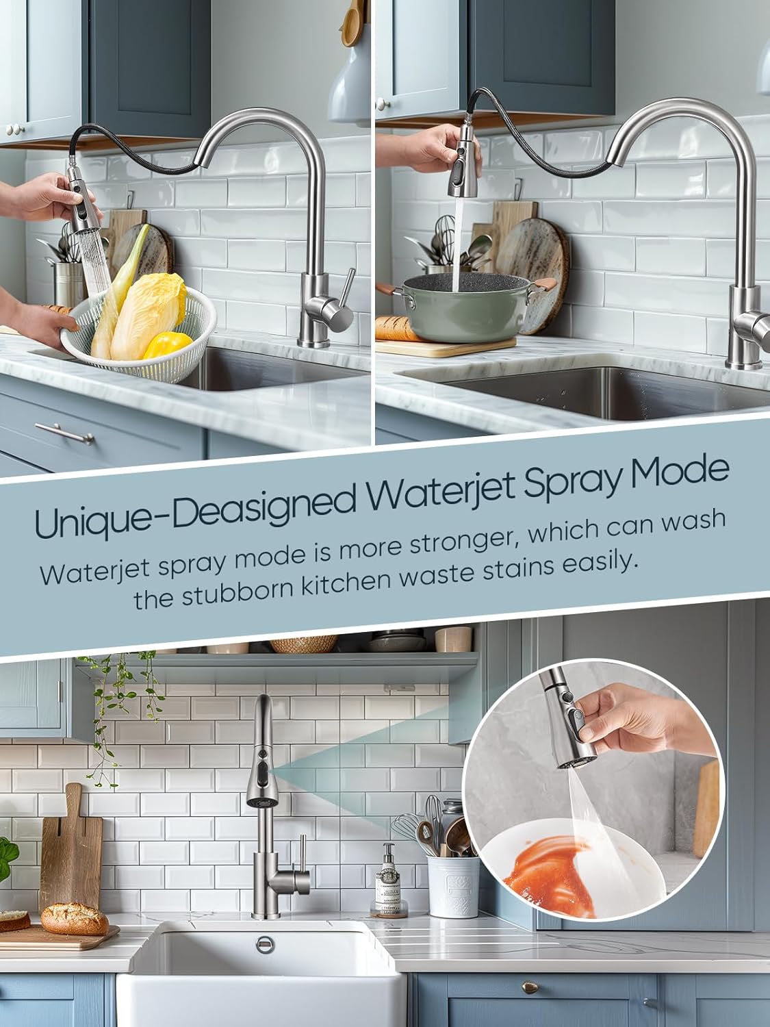 Cobbe Kitchen Faucet Head Replacement, Pull Down Spray Head for Kitchen Sink Faucet, 3 Function Kitchen Sink Sprayer Replacement with 12 Faucet Adapter, American Standard, Brushed Nickel