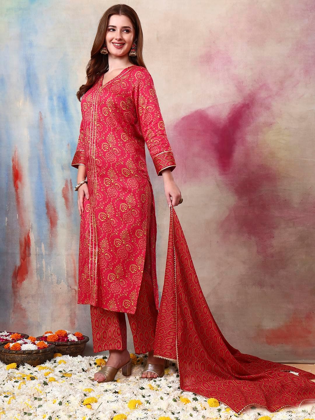 Tissu Women's Cotton Satin Dark Pink Printed Co-ord Set Kurta Set