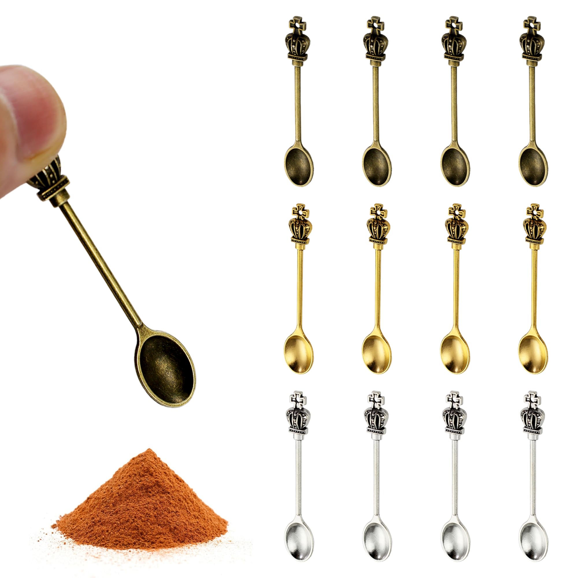 Demearly 12-Pack Mini Spoons Metal Tiny Shovels 2.19-Inch Small Medicine Spoon for Home Kitchen Spices, Necklace Charms Pendants DIY Craft Making (Multicolor)