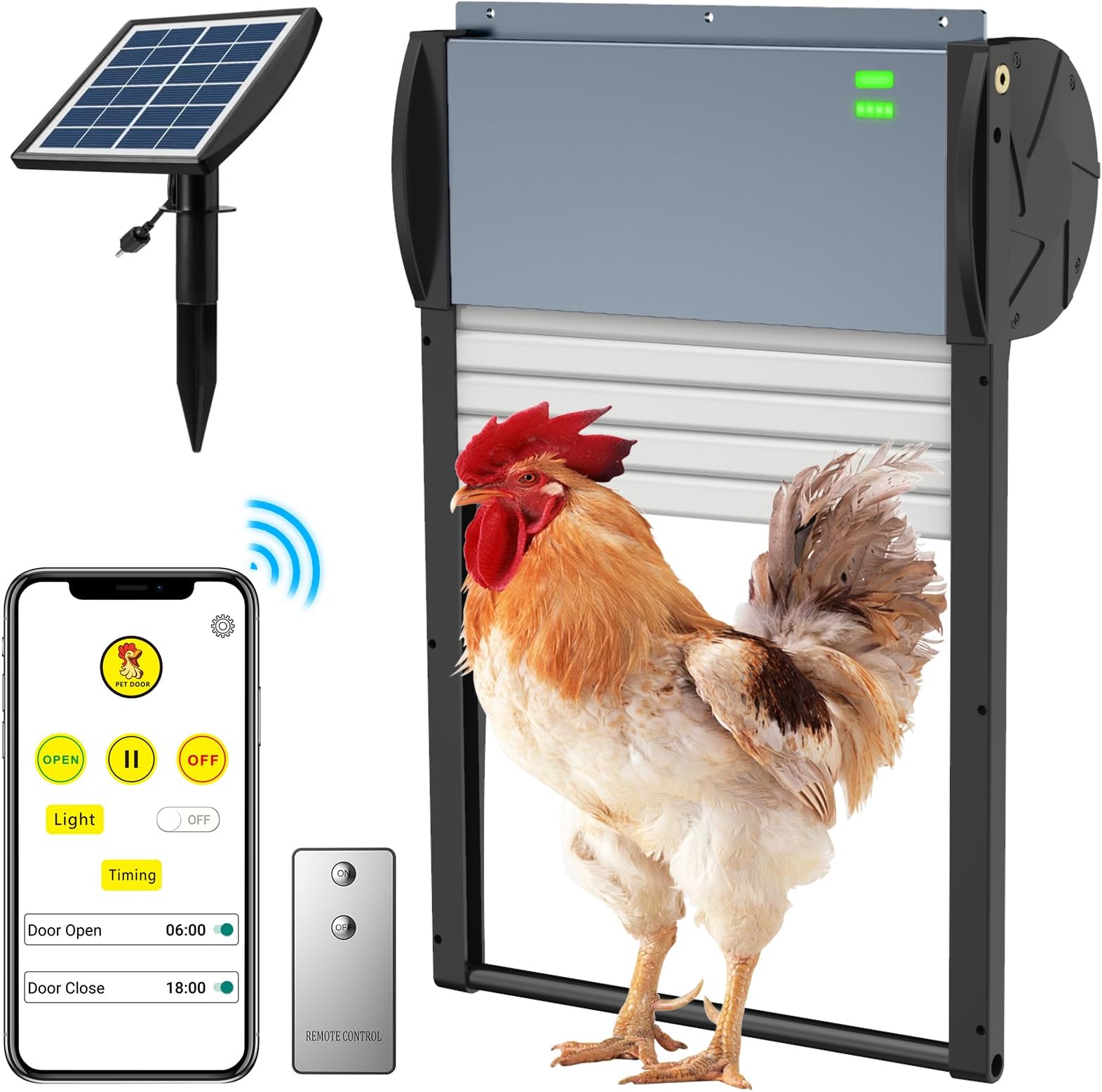 Automatic Chicken Coop Door, Solar Powered Chicken Coop Door Opener with Programmable Timer, Remoter, Anti-Pinch, Light Sensor, Rechargeable Battery, Weatherproof APP Programmed Auto Chicken Doors