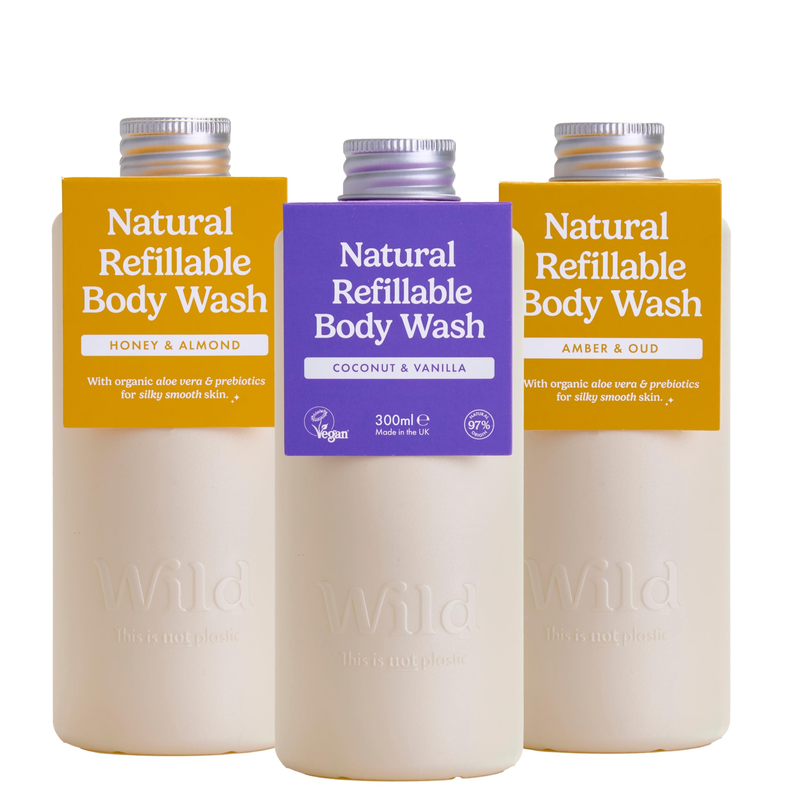 Confezione di 3 ricariche per bagnoschiuma Wild - gel doccia nelle fragranze Coconut & Vanilla, Honey & Almond and Amber & Oud - 95% di ingredienti naturali - Senza solfati, parabeni o SLES - Vegano
