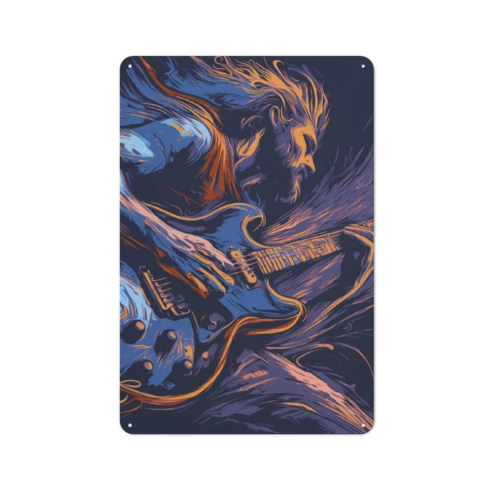 Metal Wall Sign 30x20cm Featuring Guitarist for Garage Or Workshop, Suited to Workshop Owners