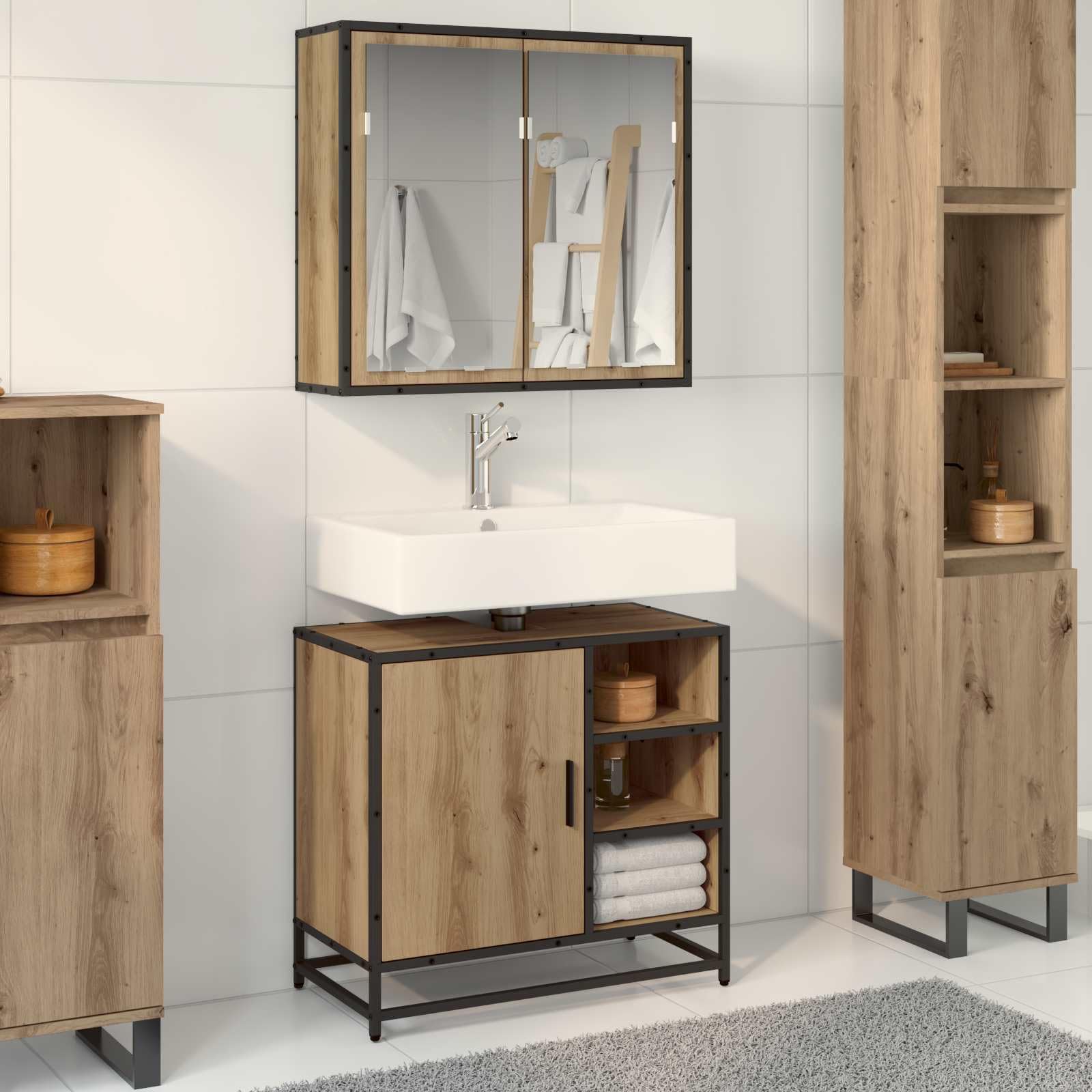 Armario con espejo y mueble bajo lavabo de 65 cm en madera de roble Artisan