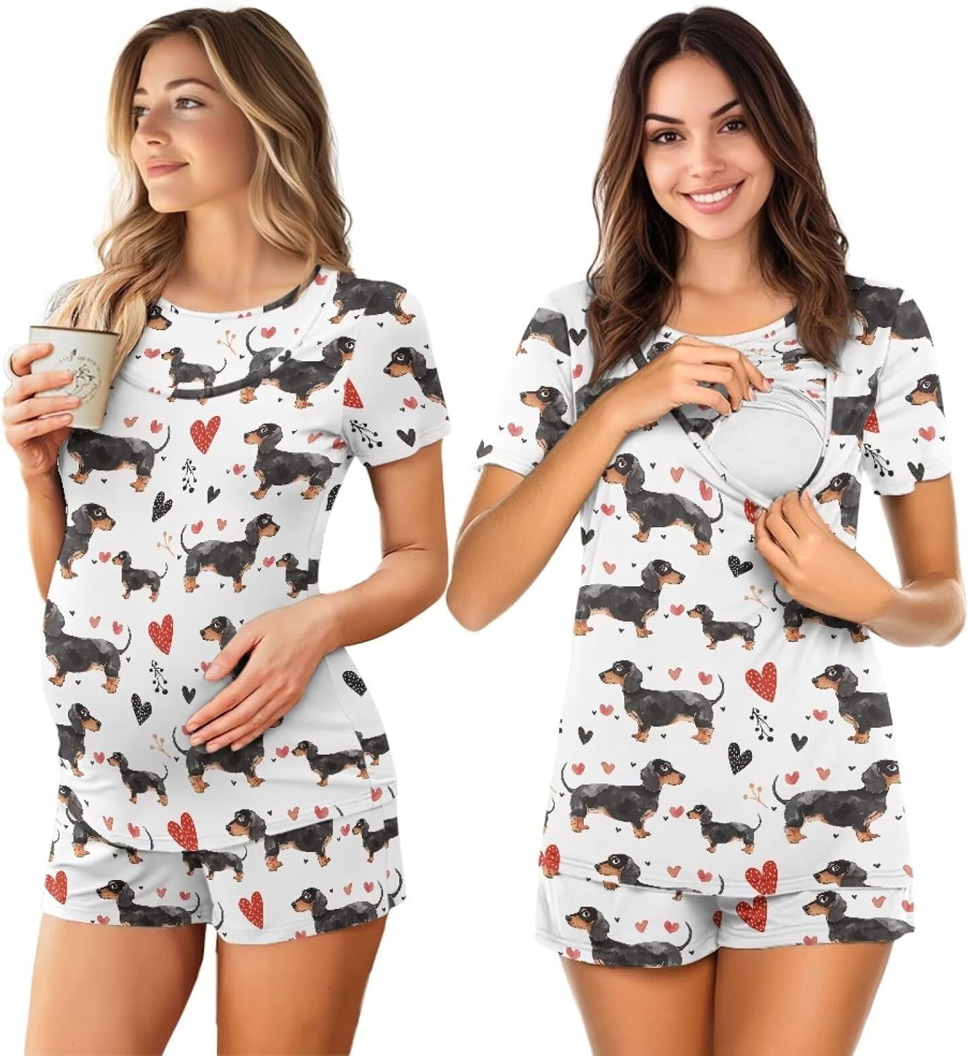 Women's Maternity Nursing Pajama Set, Csual Pregnancy PJS with Double Layer for Summer S-2XL size
