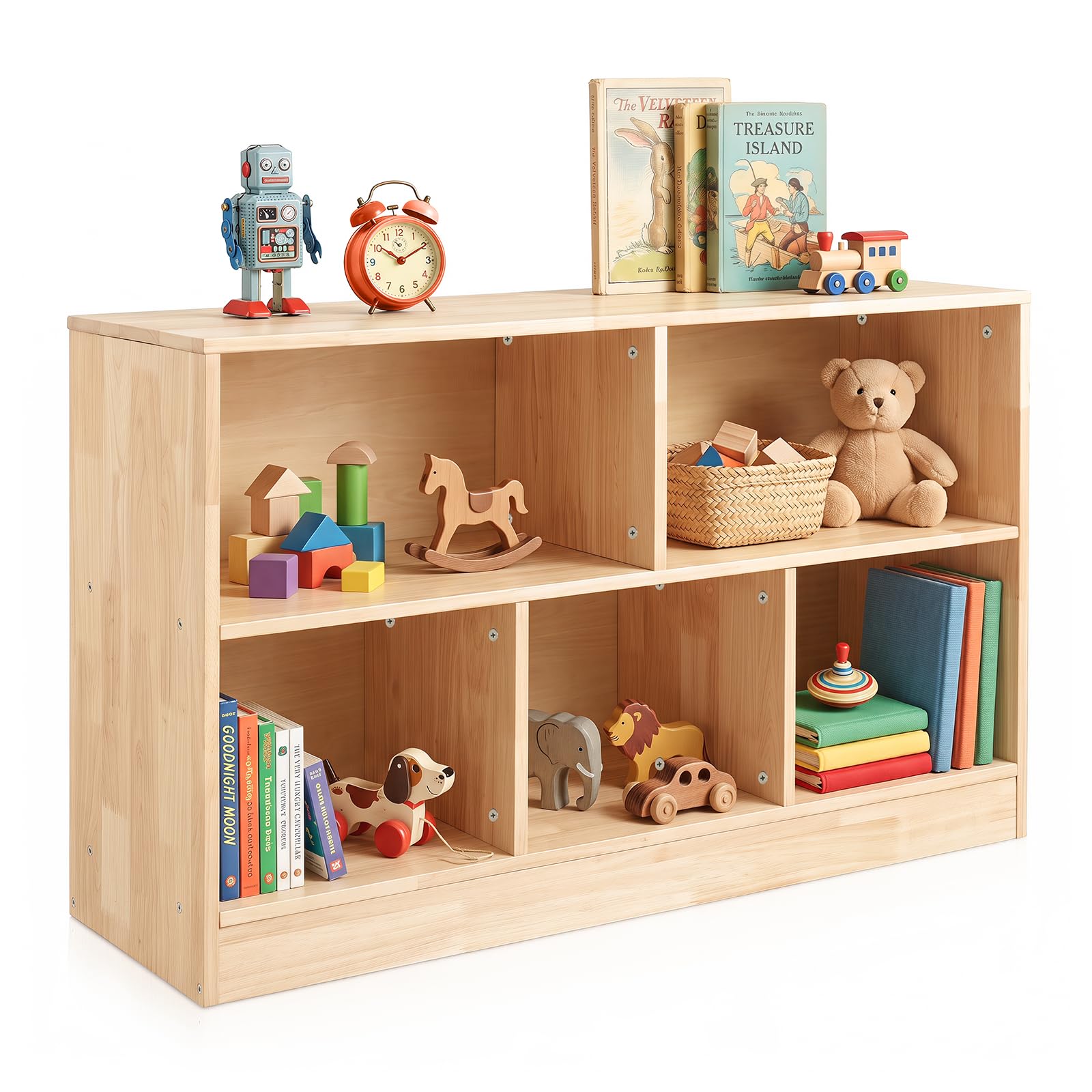 Solid Rubber Wood Kids Storage Cabinet, 5-Section Toddler Montessori Bookshelf, Kids Organizer for Classroom, Playroom, Kindergarten, Medium Size
