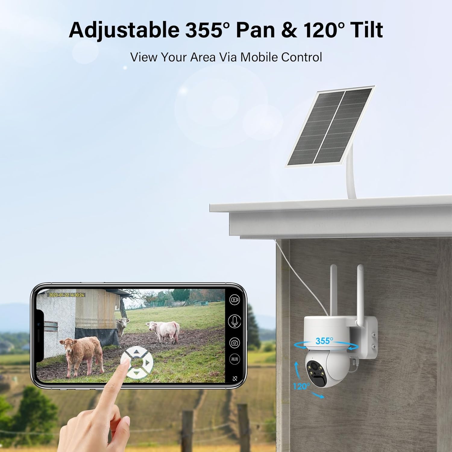 Smartphone screen showing live camera feed with pan and tilt controls, next to the SEHMUA camera and solar panel.