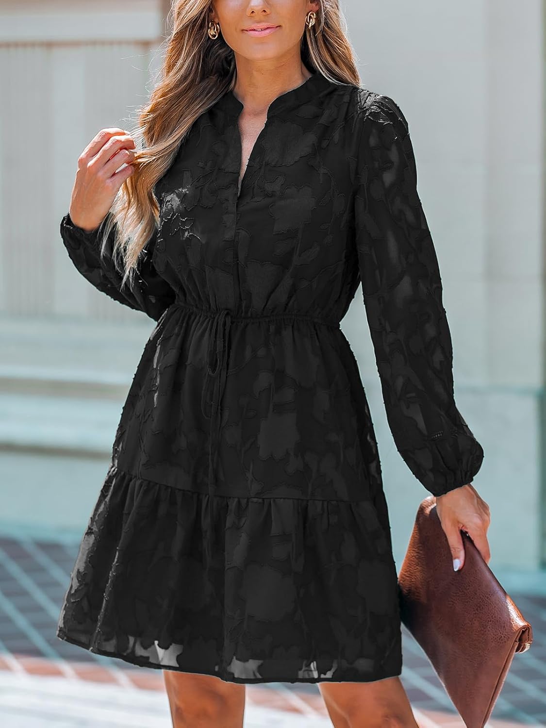 CUPSHE Women Ruffle Lace Mini Fall Dresses Semi Formal Wedding Guest Dress V Neck Long Puff Sleeve Elastic Waist Tie - Image 4