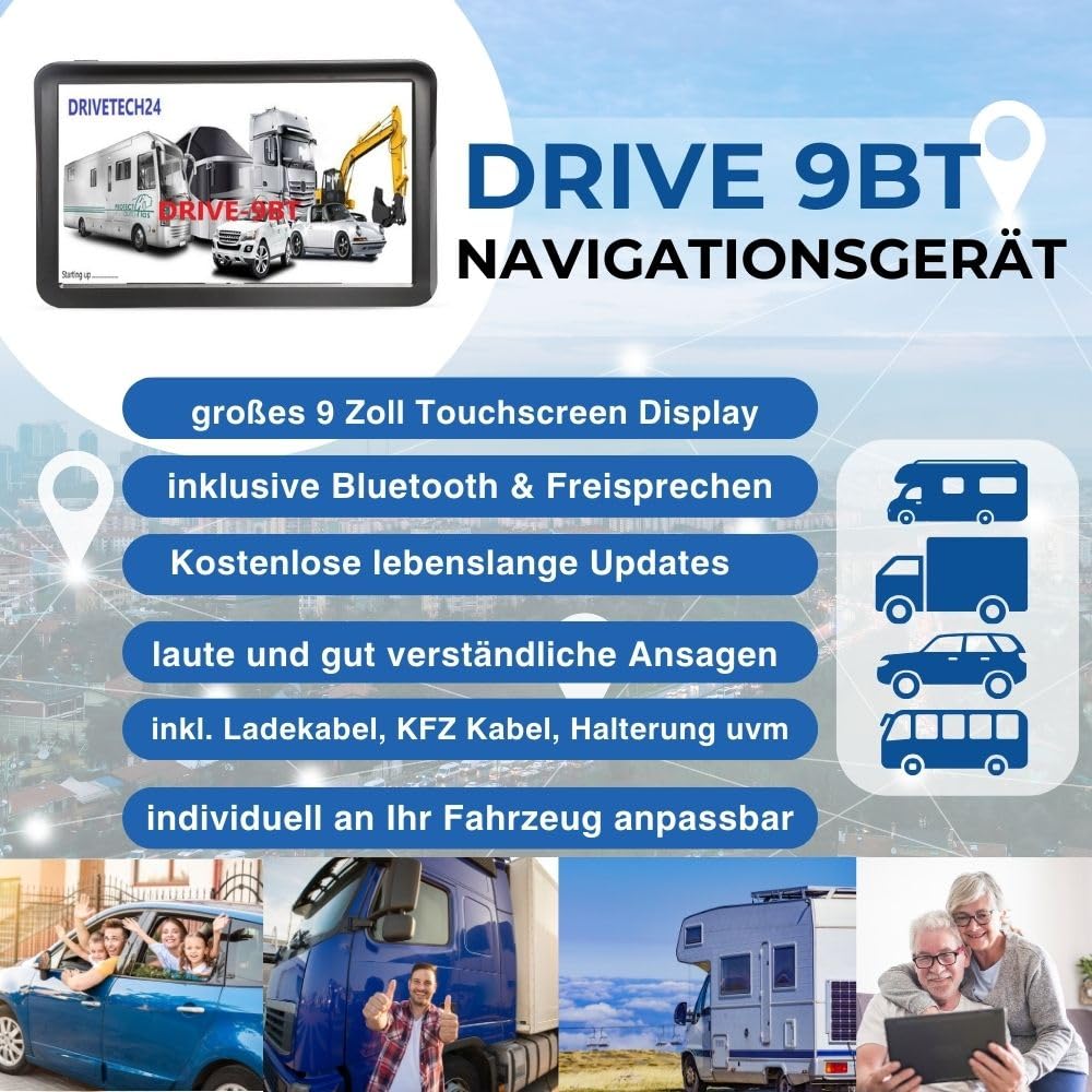 großes 9 Zoll LKW GPS Navigationsgerät Drive-9BT Bluetooth Touchscreen lebenslange Updates
