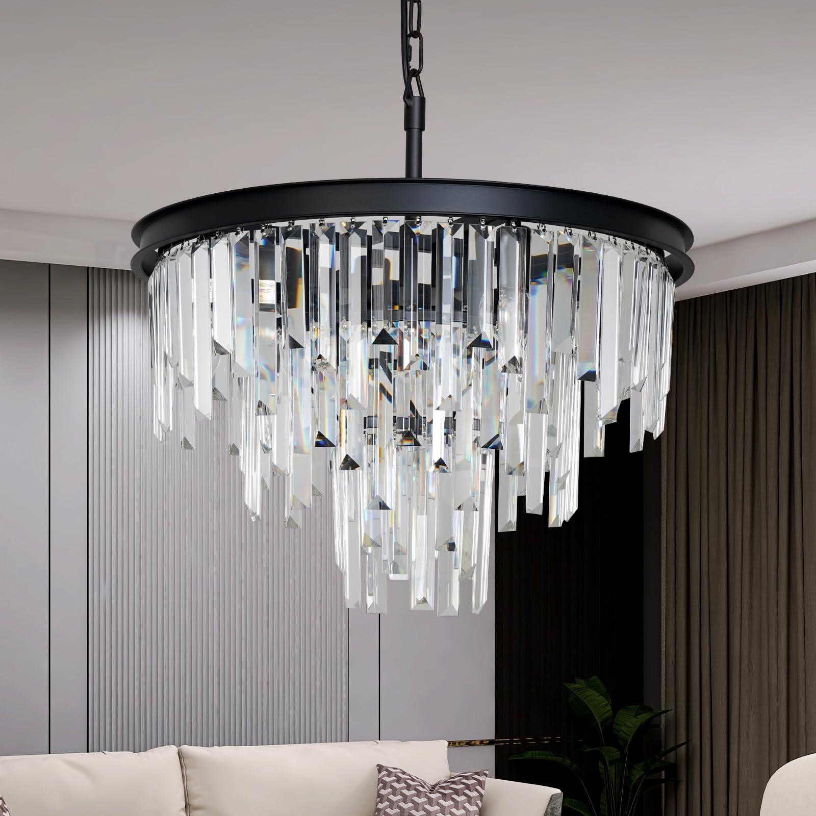 Black Top K9 Crystal Chandelier Modern Lighting Fixture, 8 Lights Round K9 Crystal Adjustable Hanging Lamp for Dining Room Bedroom Living Room,Hallway,Bar,Kitchen W20''