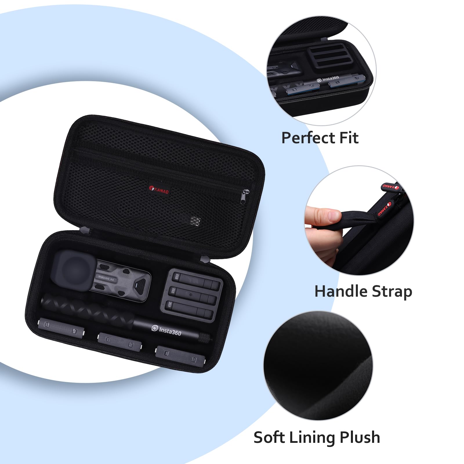 XANAD Sac de Transport pour caméras d'action Insta360 X5 X4 X3 One X2 GO 3 - Sac à bandoulière Compatible avec Perche à Selfie Invisible de 114 cm et Accessoires (Noir)