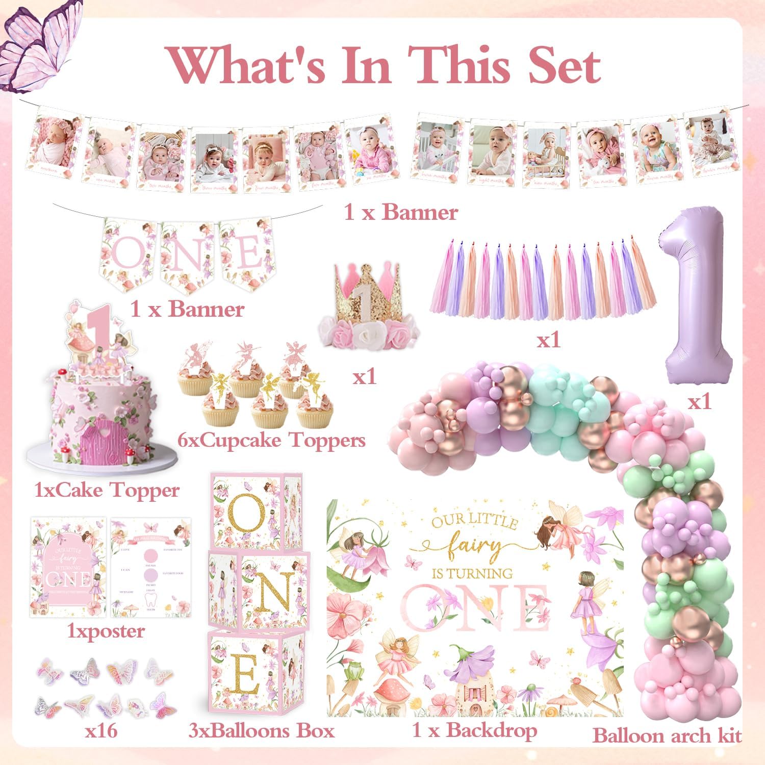 Fairy First Birthday Decorations 167Pcs Floral Fairy Themed 1st birthday Party Decorations Include Banner Balloon Arch Kit Boxes Backdrop Cake Topper Paper Tassels for Birthday Party Decorations - Image 2