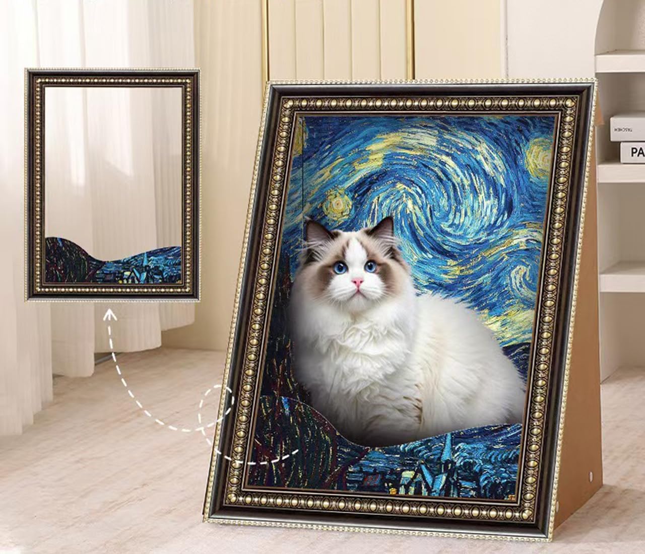 New Cat Scratching Board - Painting Frame Cat House, Mona Lisa and Starry Night Pet Bed Painting with Ornate Gold Detail, Wall, Vertical Furniture Protector for bedrooms, living rooms, of(Color:blue)