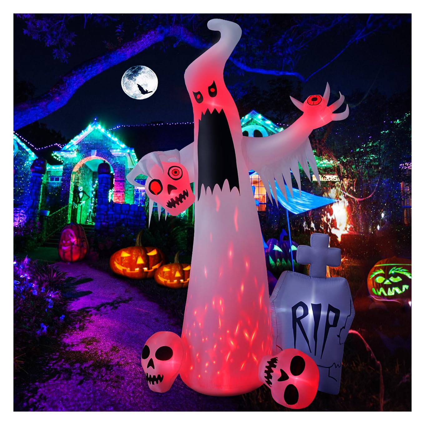 HOPOCO 12 FT Halloween Inflatables Outdoor Decorations Ghost with 3 Skulls | Halloween Blow Up Yard Decor, Inflatable White Ghost with Bleeding Eyeball Tombstone, Built-in LED for Garden Holiday Party
