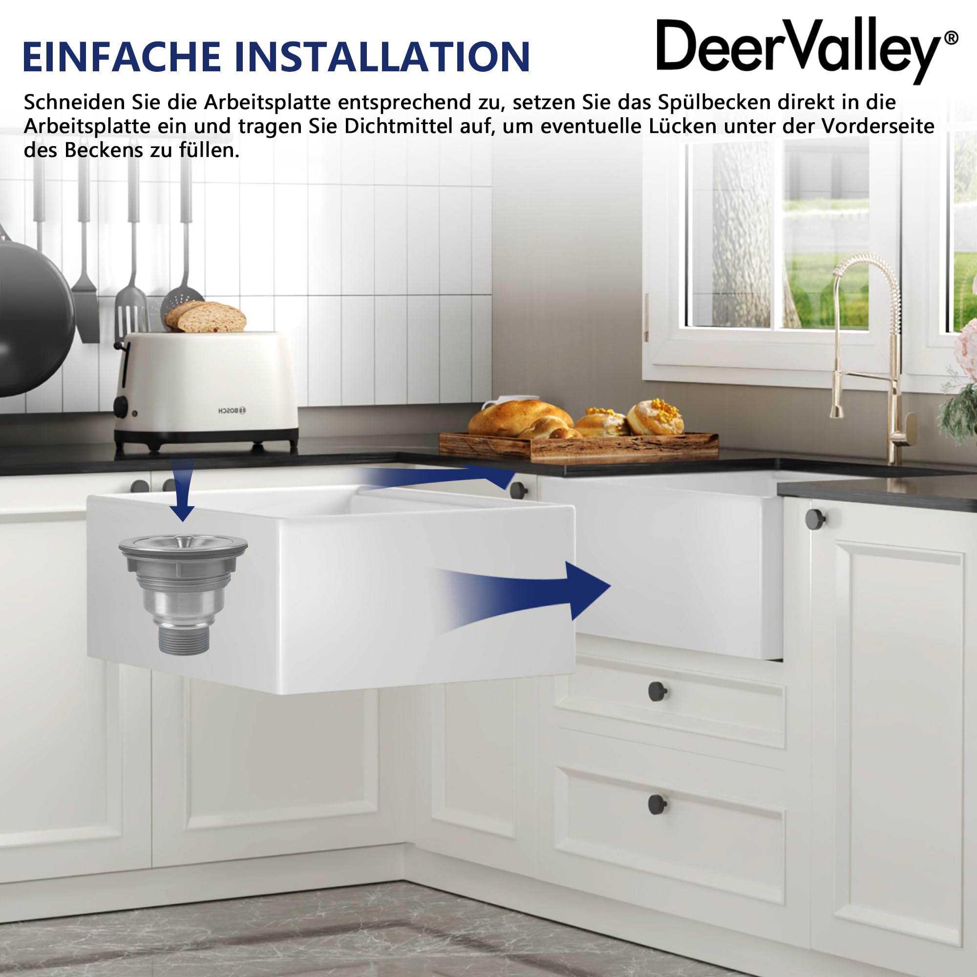 DeerValley Spülbecken 61 cm – Umkehrbares Apron-Front Küchenspüle Einbauspüle, Einzelschale, Solides Feuerfestton, Glänzend Weiß, Für Küche (61x50,8x25,4 cm)
