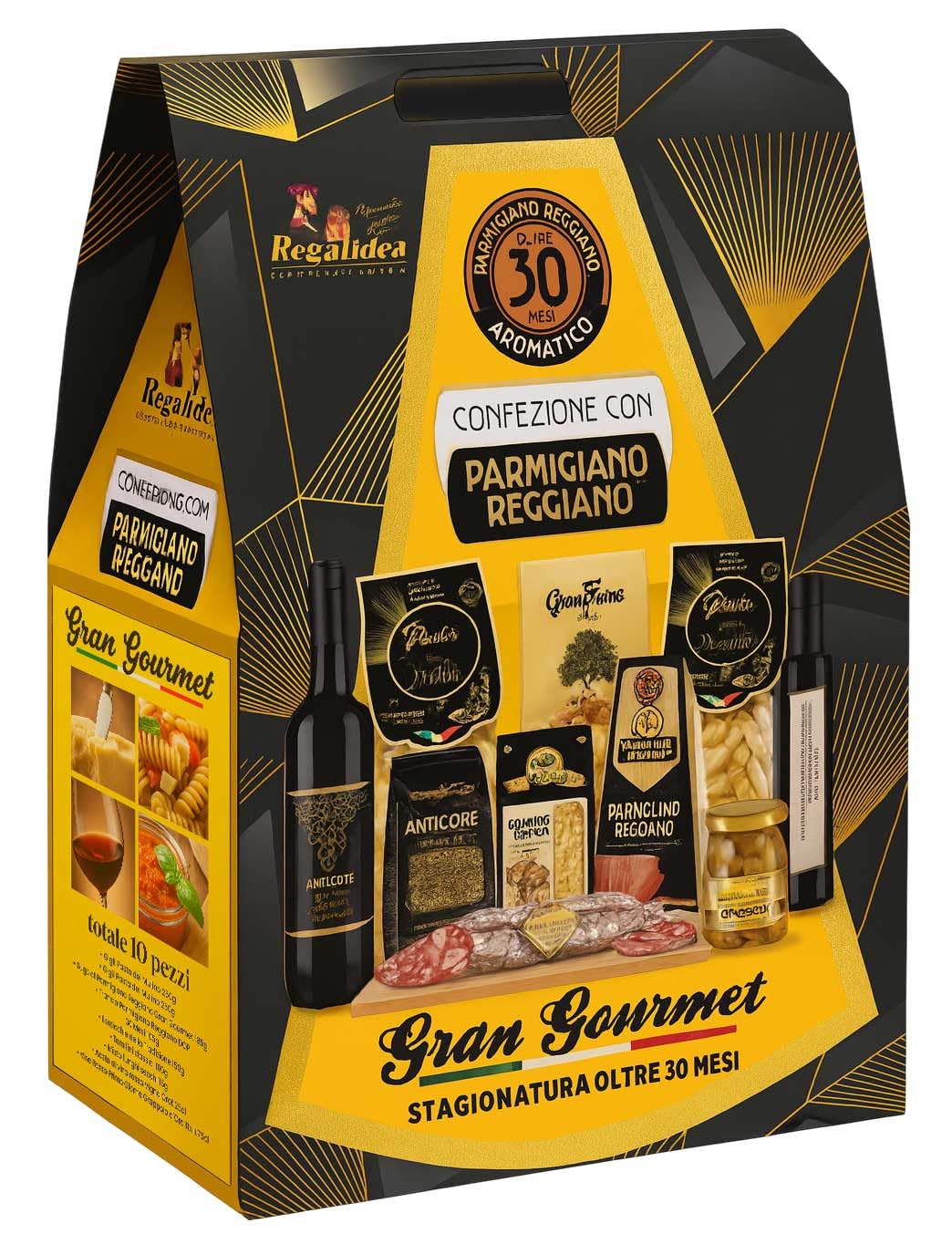 Regalidea Confezione Strenna Cesto Gran Gourmet 2025 con 10 pezzi: Pasta, Sugo, Trancio Parmigiano, Salame, Lenticchie, Tarallini, Funghi Secchi, Aceto e altro