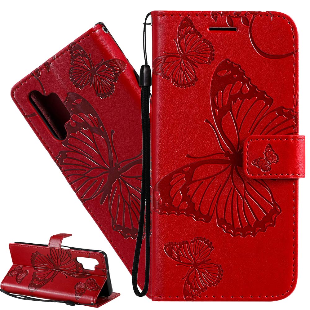 ISADENSER Compatible with Samsung Galaxy A32 5G Case Butterfly Embossing Design [Kickstand Flip] [Card Slot] [Magnetic Clasp] Flip PU Wallet Phone Case for Samsung Galaxy A32 5G Red Butterfly KT