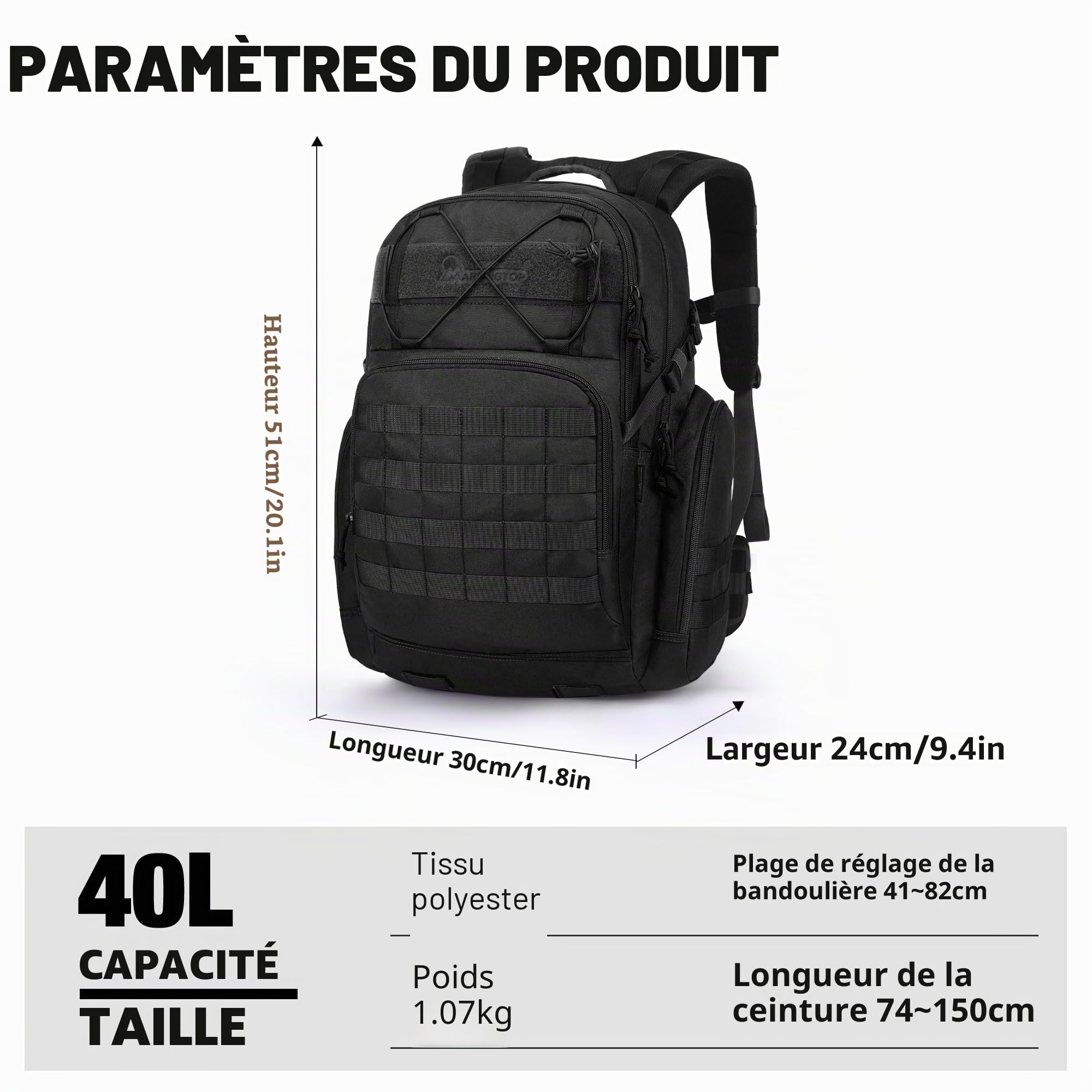Mardingtop Sac à dos tactique de 40 L pour extérieur, camping, voyages, randonnée, Noir , 40