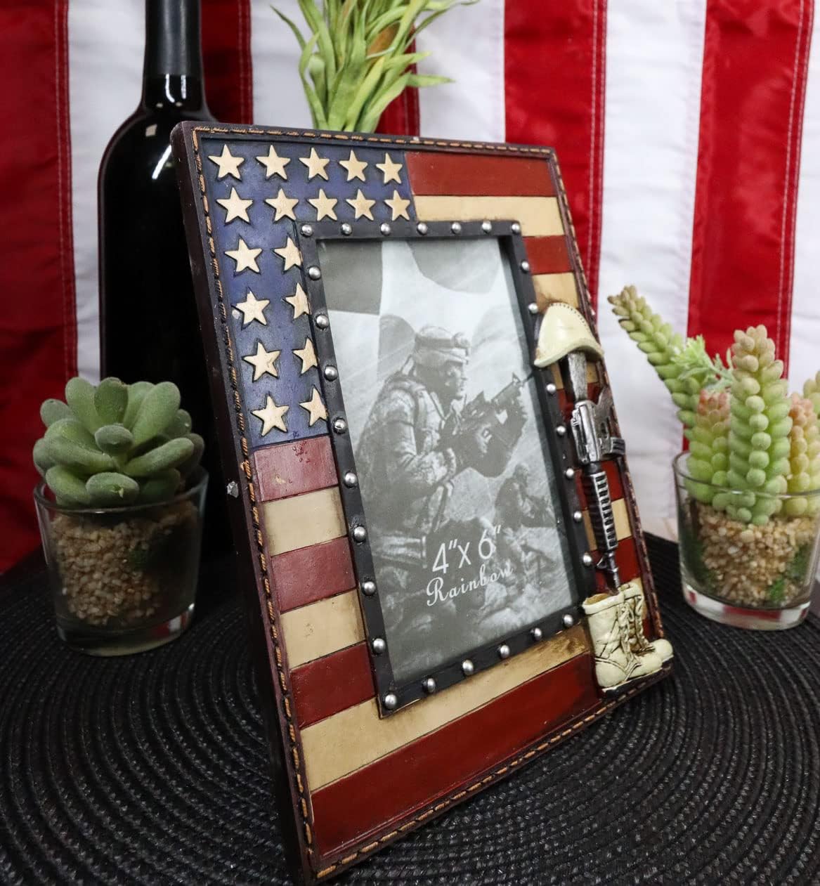 Ebros Rustic Patriotic Fallen Soldier Helmet Rifle And Boots United States of America Star Spangled Banner American Flag 4"X6" Picture Photo Frame Desktop Or Wall Hanging USA Themed Decorative Accent