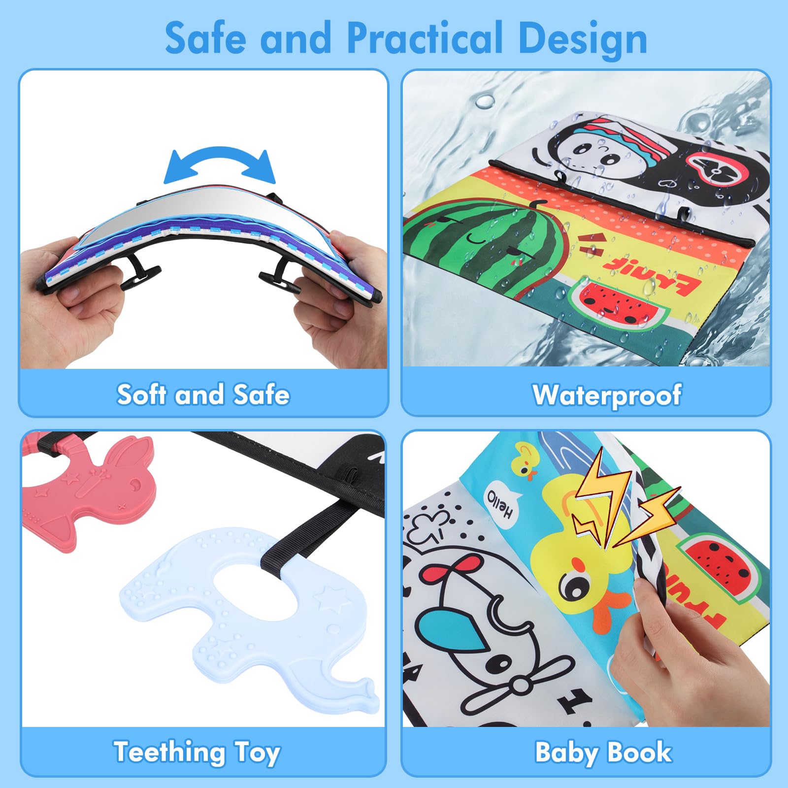 BEBOAN Baby Tummy Time Mirror Toy, High Contrast Baby Mirror Sensory Toys with Teether & Crinkle Cloth Book - Image 3