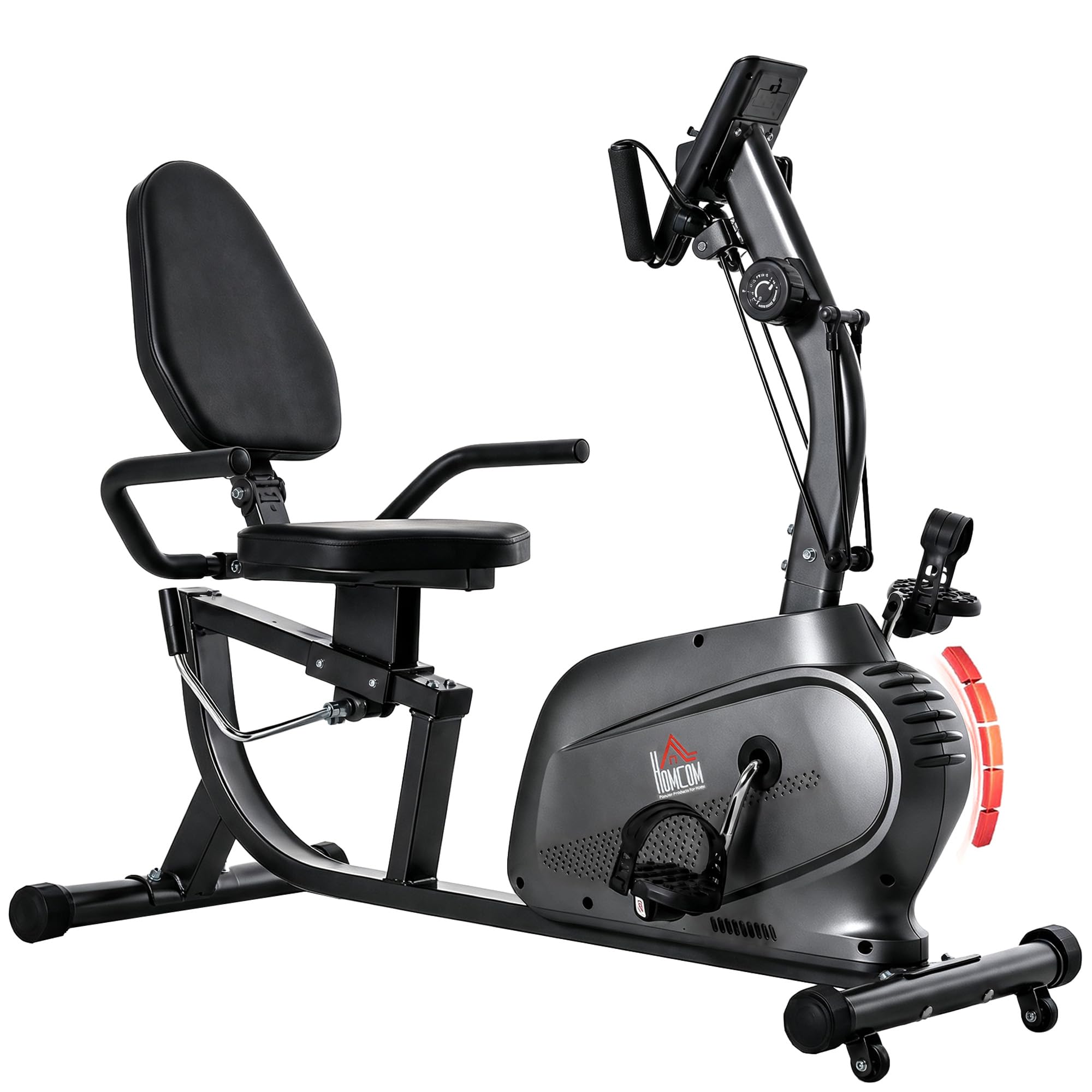 HOMCOM Cyclette Orizzontale da Casa, 8 Livelli, Seduta Regolabile | Cyclette Magnetica Professionale, Corde Elastiche, Porta Cellulare, Display LCD, per Riabilitazione Casa Anziani