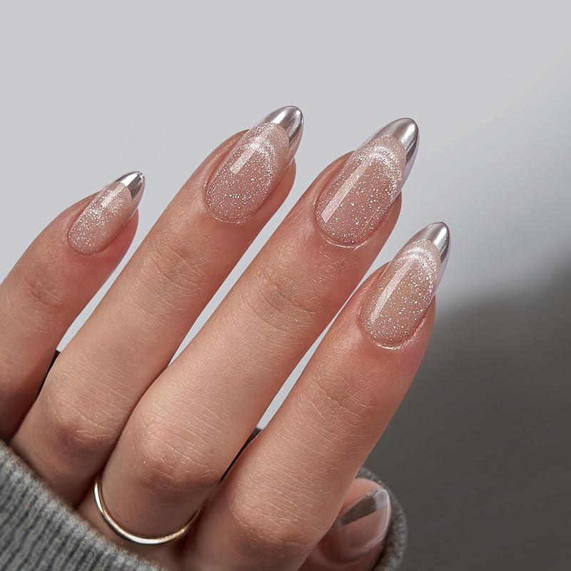 BTArtbox Press On Nails, Silver Storm, Medium Almond, French Tip, 30Ct | Lamp-Curable 4-Week Wear, Salon-Quality Natural Nails, 10-Minute Easy Daily Application, 16 Sizes, All-in-One Complete Kit