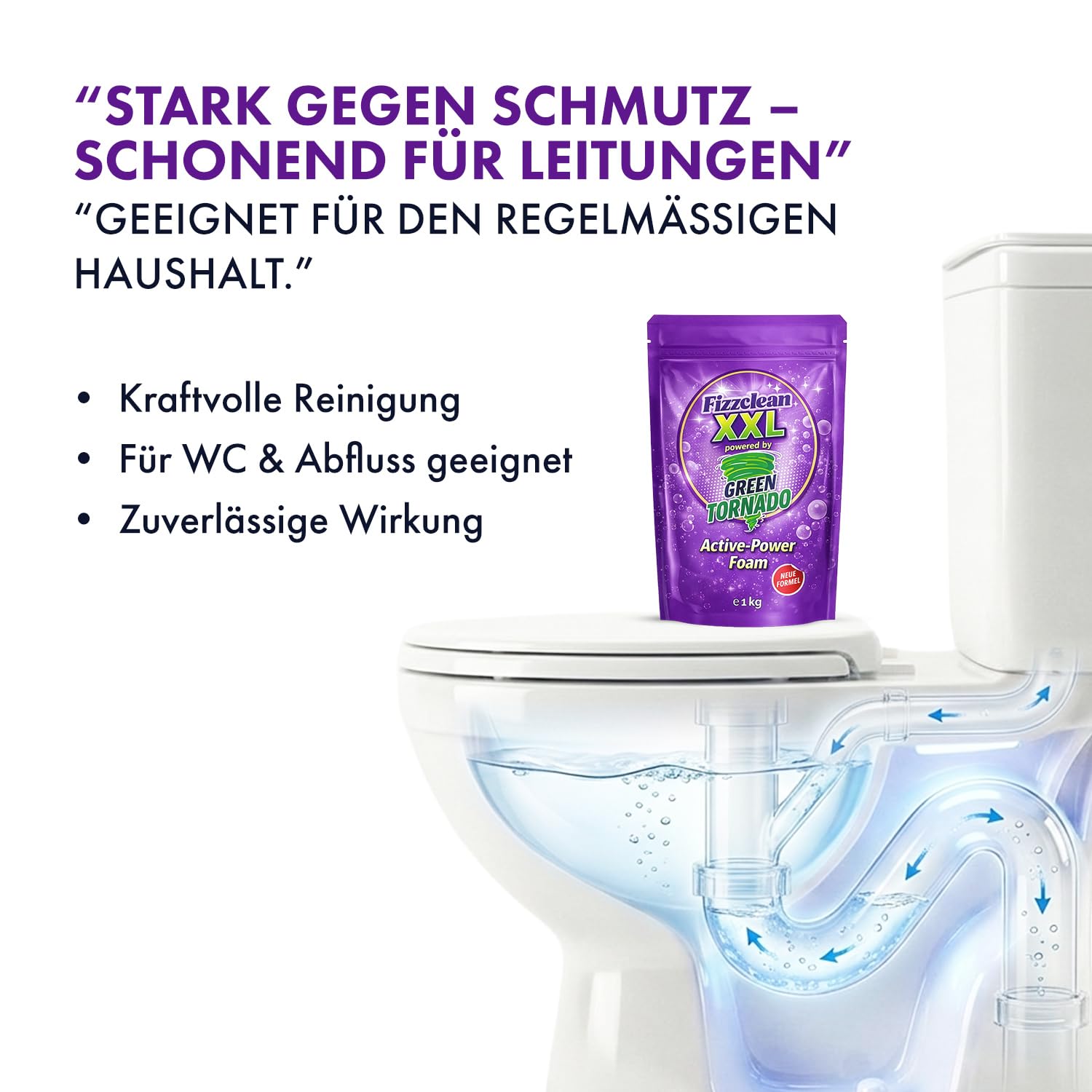 Fizzclean WC-Reiniger | Toilettenreiniger Extrem Stark – WC-Reiniger Schaum gegen Urinstein, Kalk & Ablagerungen | WC-Schaumreiniger | Alternative zu WC-Reiniger Gel & Tabs | Inhalt: 1 kg WC-Pulver