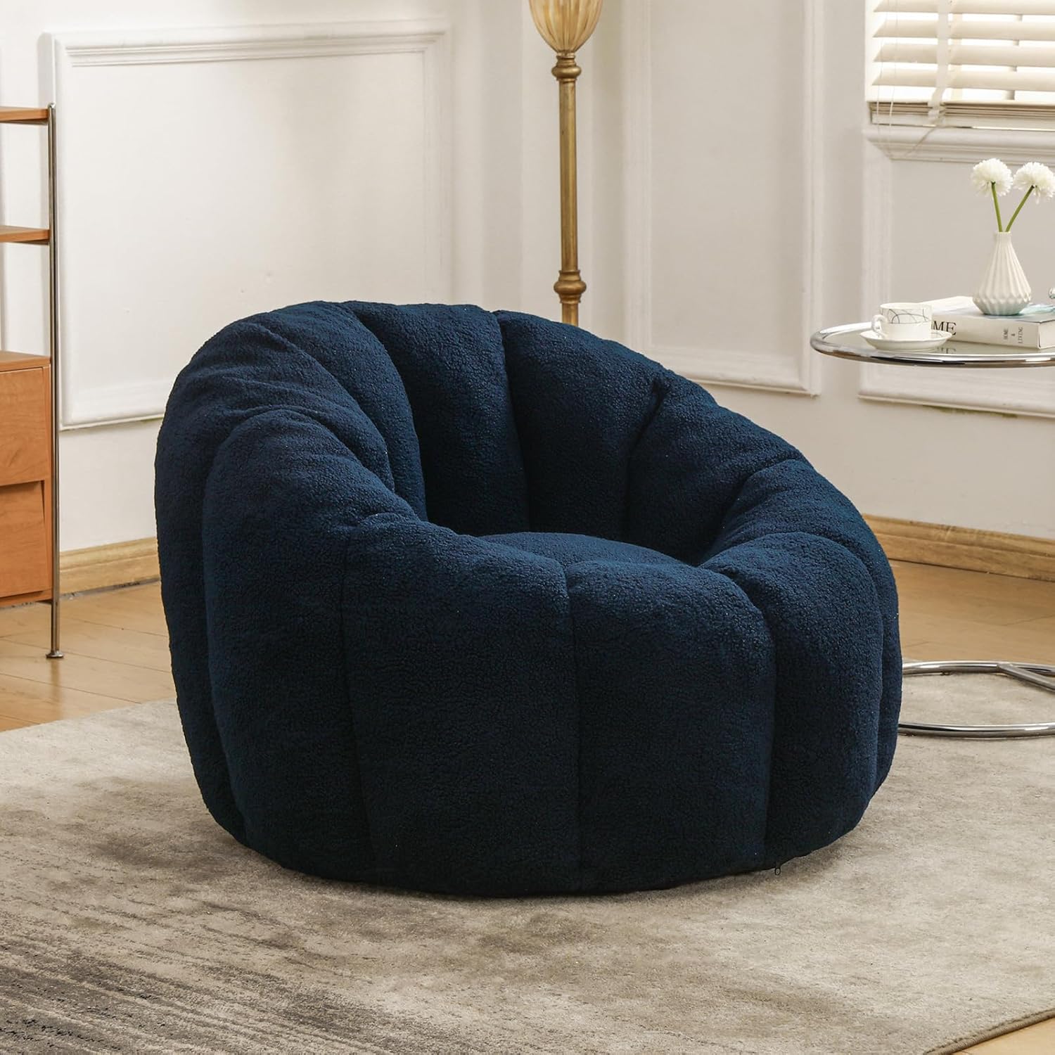 Bean Bag Chair, Stuffed Beanbag Chairs, Large Bean Bag Chair with Filler, Big Beanbag Chairs with Filling for Living Room (Teddy Fabric in Dark Blue, No Matching Ottoman)