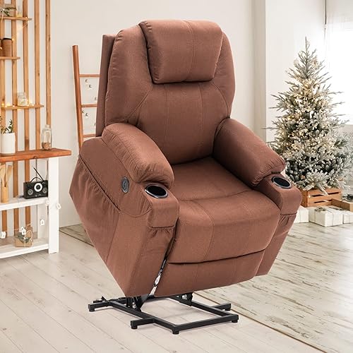 Esright Electric Power Lift Chair Recliner Sofa for Elderly with Vibration Massage and Lumbar Heat, 3 Positions, 2 Side Pockets and Cup Holders, USB Ports, Easy-to-Reach Side Button