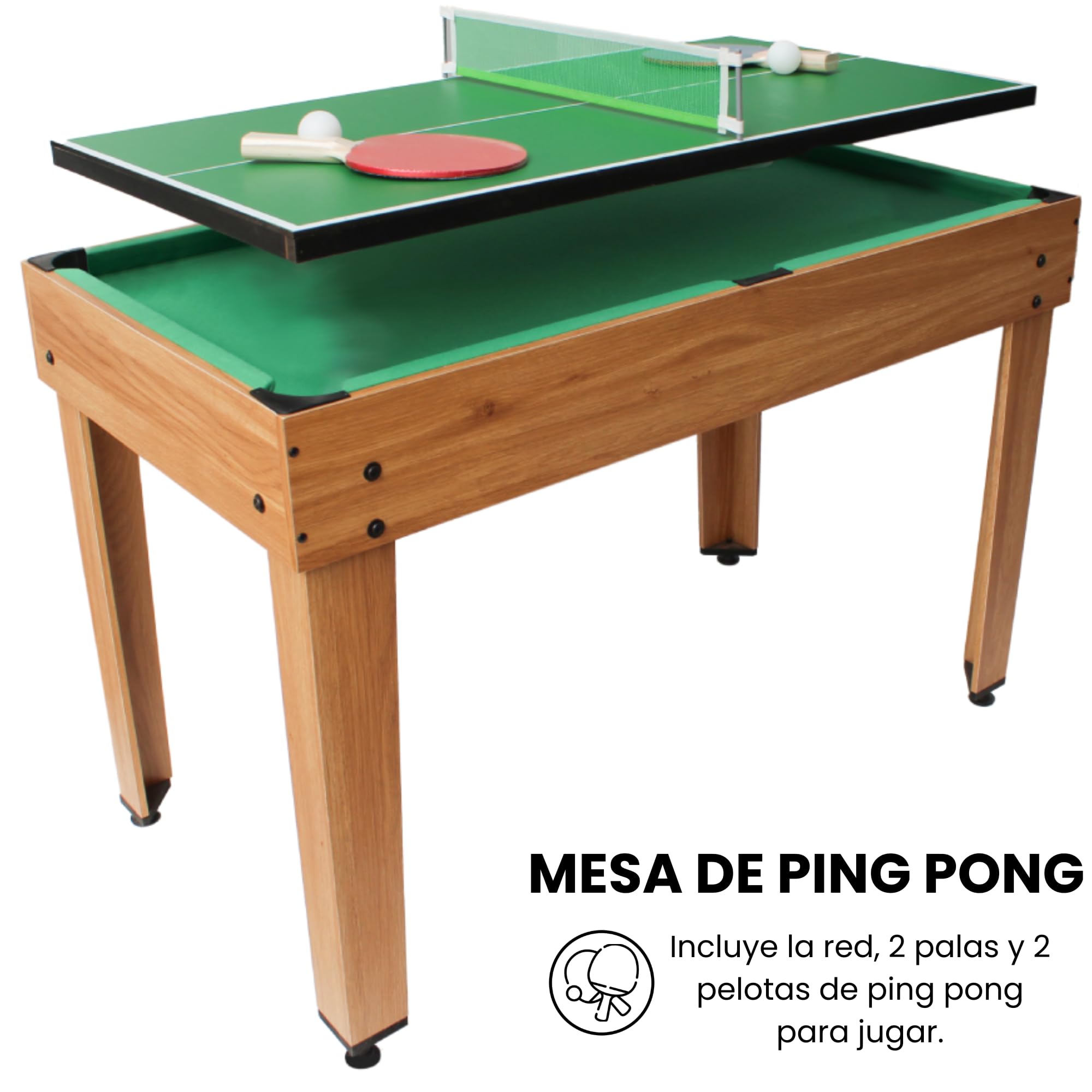 DEVESSPORT Multijuegos 7 en 1 Madera con Accesorios Incluidos | Mesa de Juegos con Futbolín, Billar, Ping Pong, Air Hockey y Más | Diseño Robusto y Elegante para Niños +8 Años