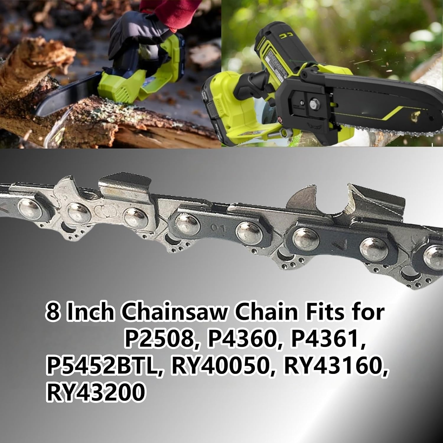 (4 Pack) 8 Inch Chainsaw Chain, 3/8" LP Pitch .043" Gauge 33 Drive Links (R33), 8" Replacement Chain for Ryobi, Greenworks, Worx, Makita, Meelwaukii & More