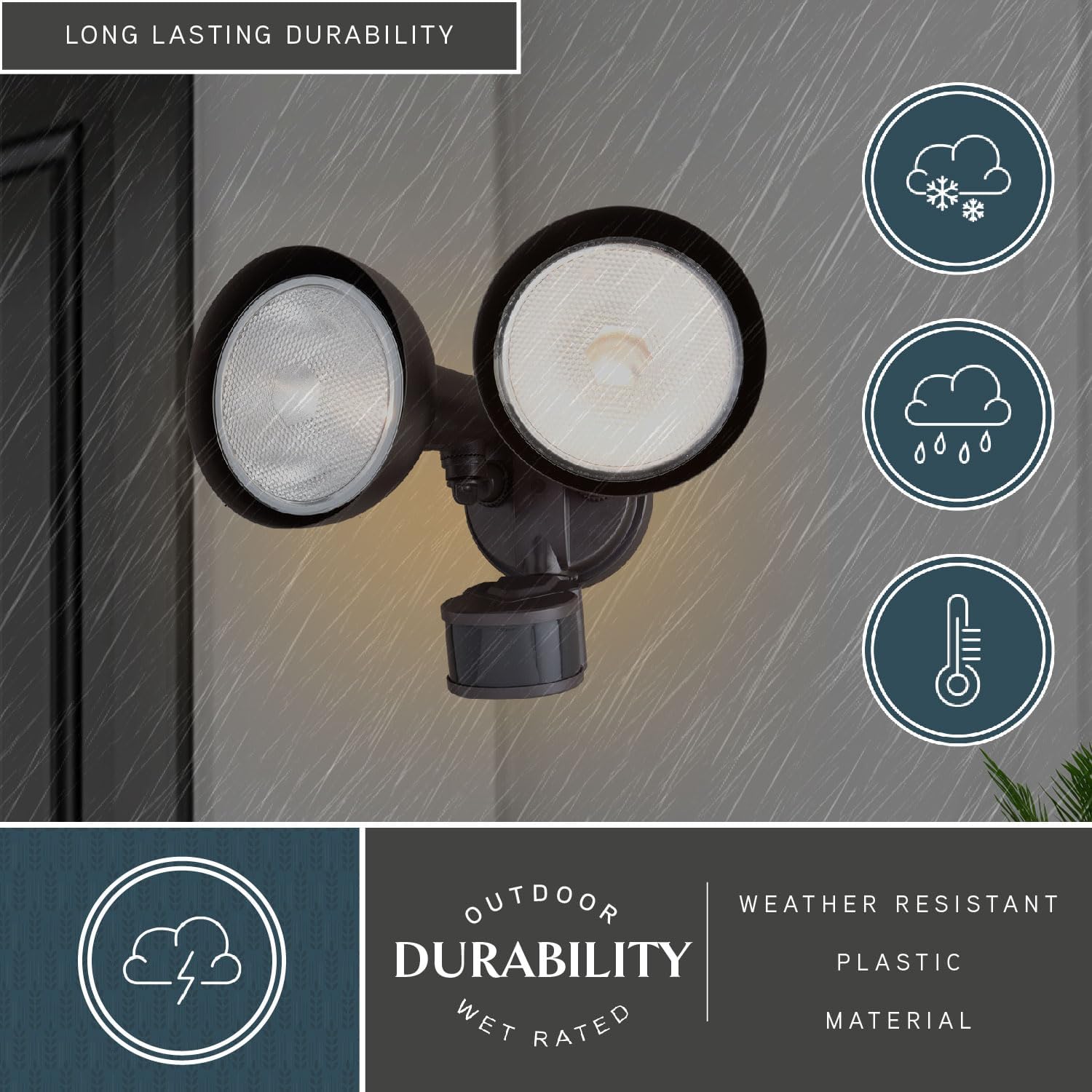 Image of the VAXCEL flood light in rainy conditions, highlighting its outdoor durability and weather-resistant plastic material.